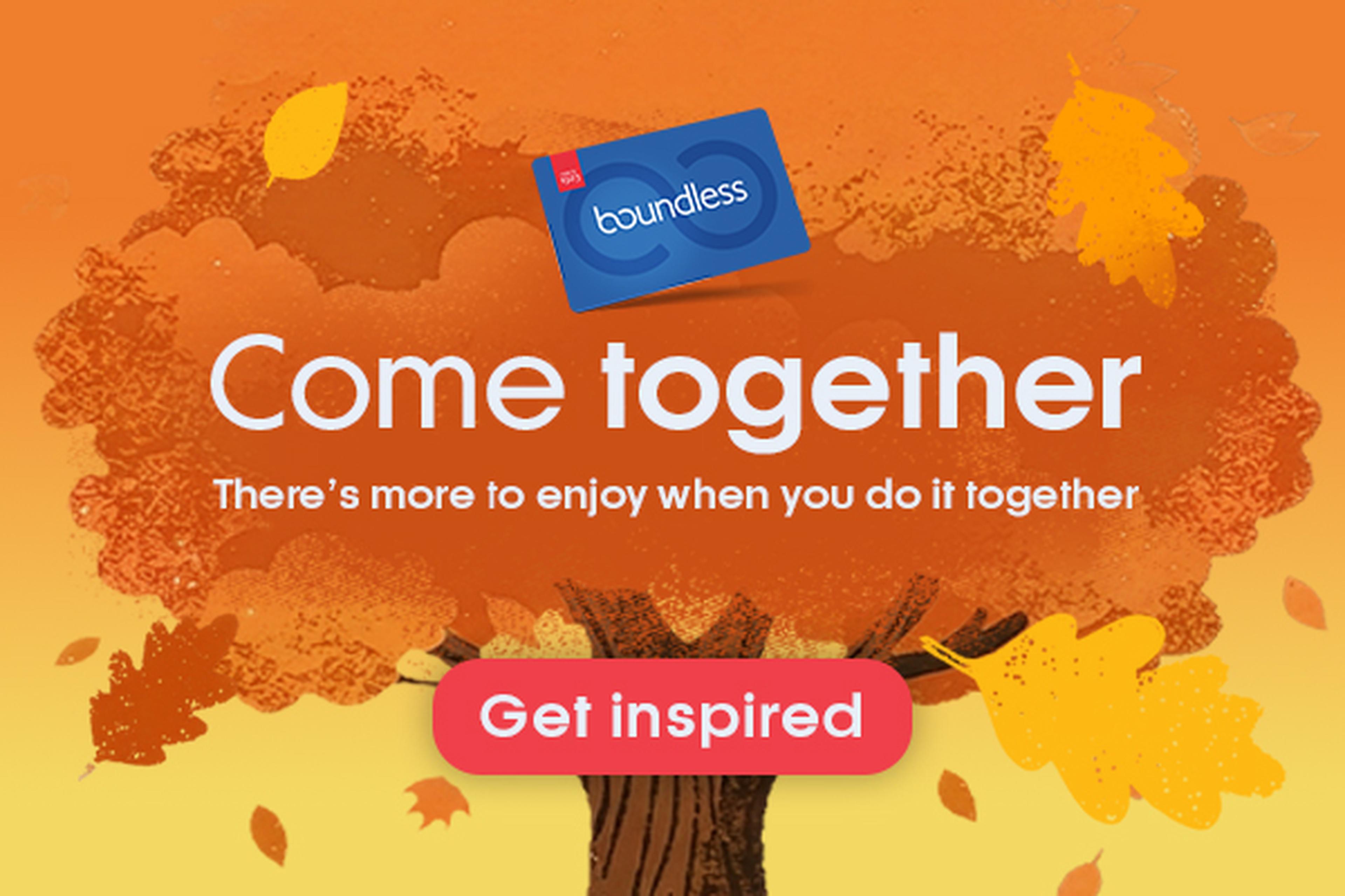 The image features an autumn-themed design with a tree, falling leaves, and a blue Boundless card. The campaign encourages collaboration and shared experiences, inviting users to "Get inspired" by working together.
