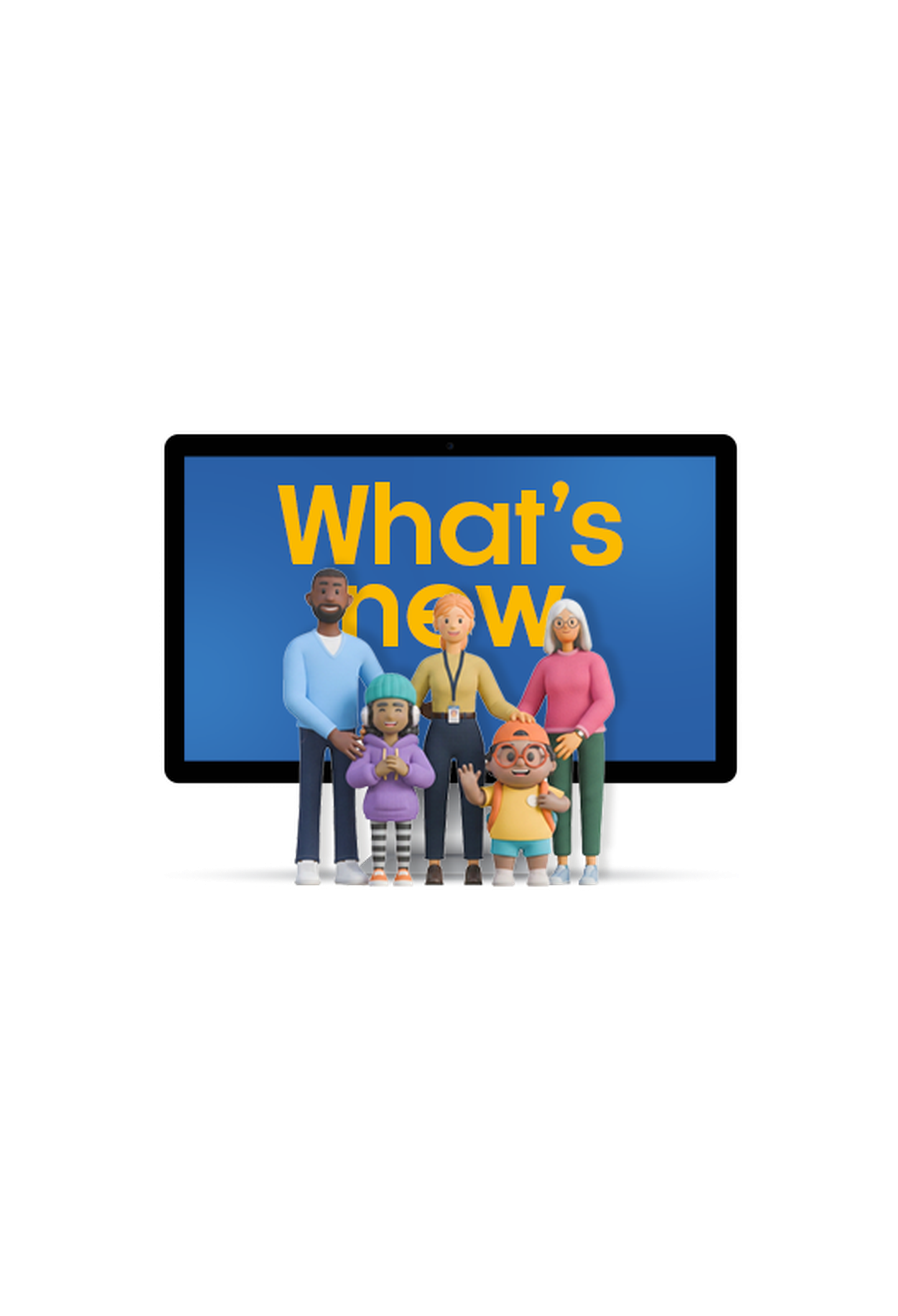 Cartoon family in front of a screen displaying "What's new" in bold yellow text on a blue background.