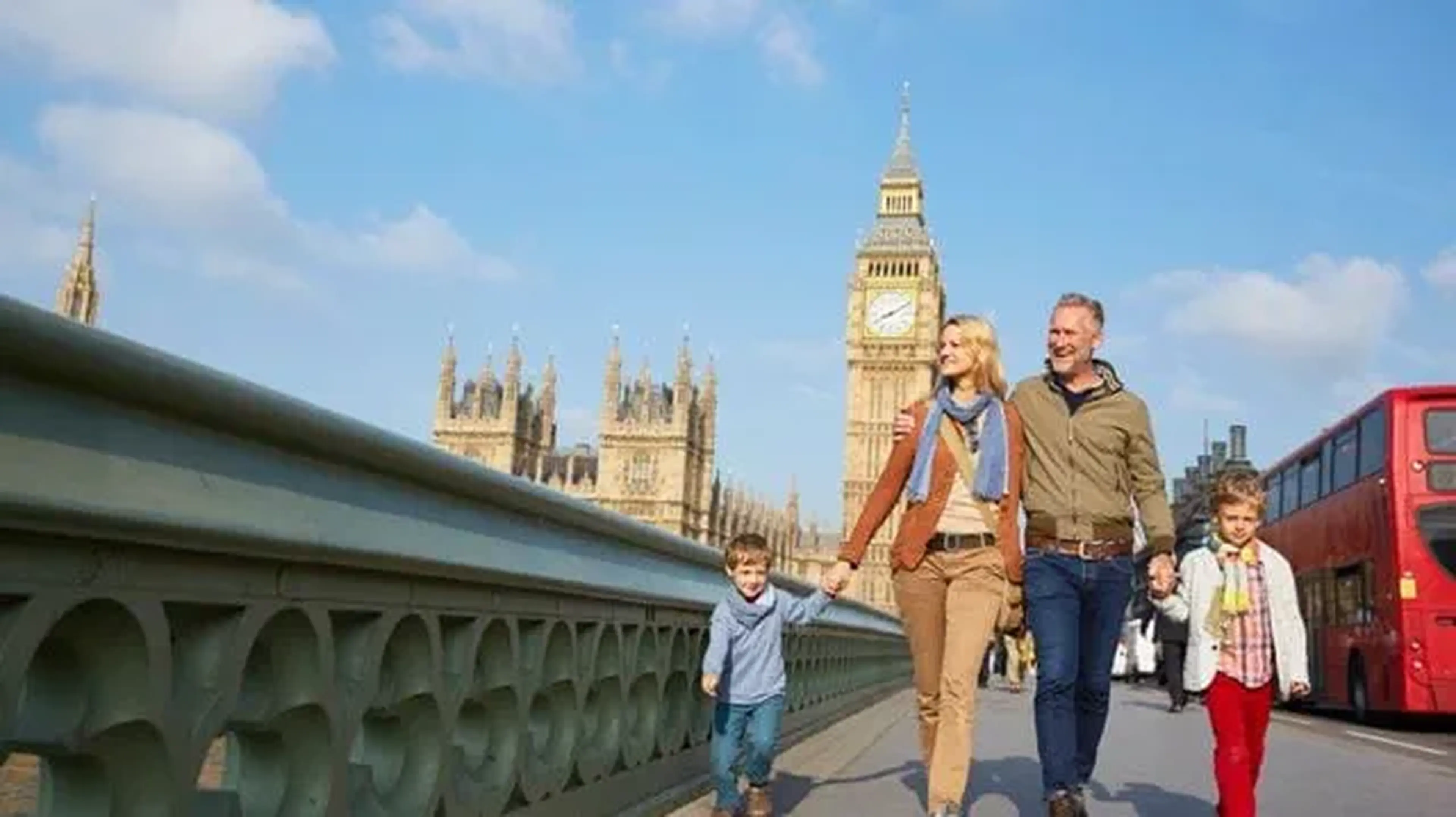 A family of four walks on a bridge in London with Big Ben and the Houses of Parliament in the background