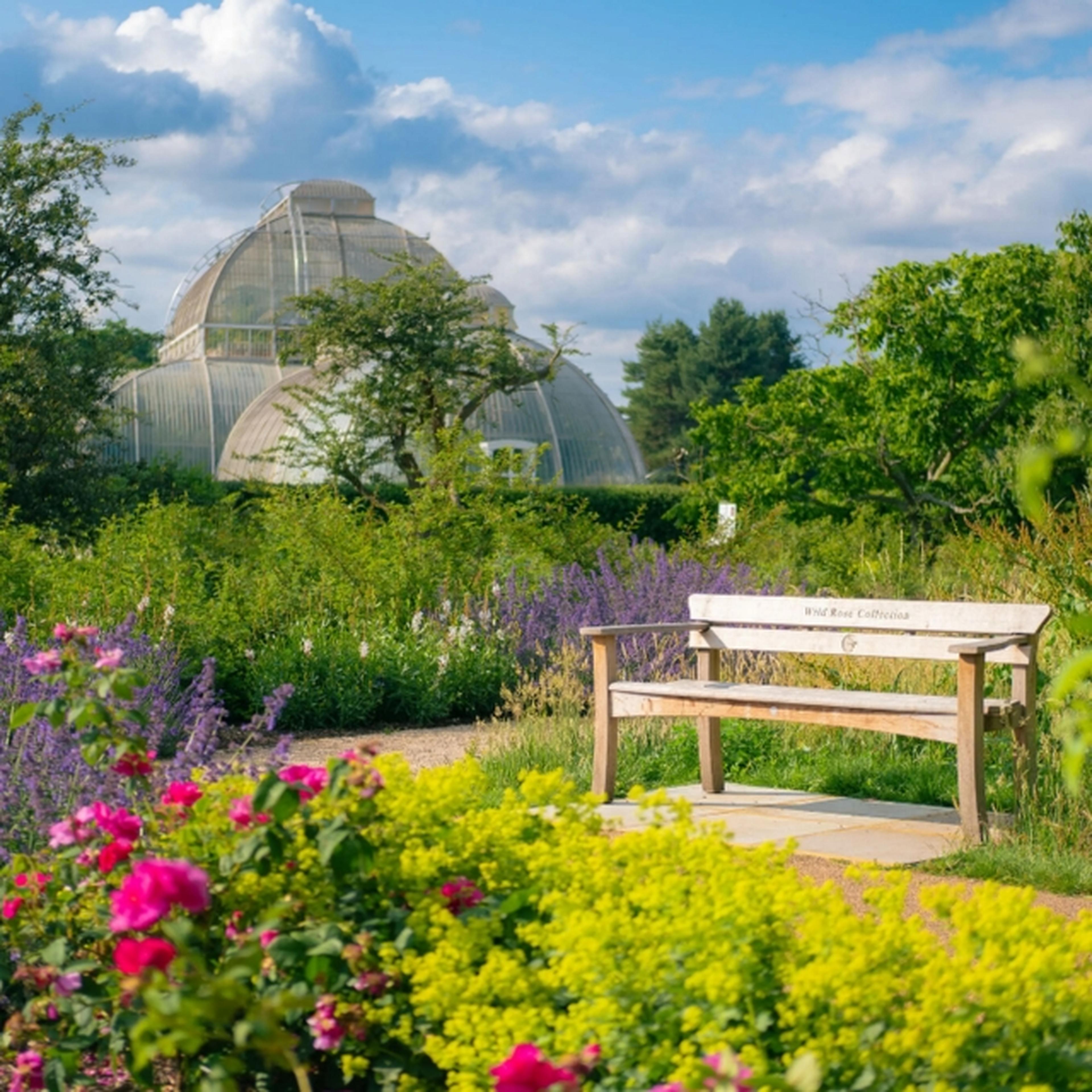 Seating in Kew gardens outside greenhouse