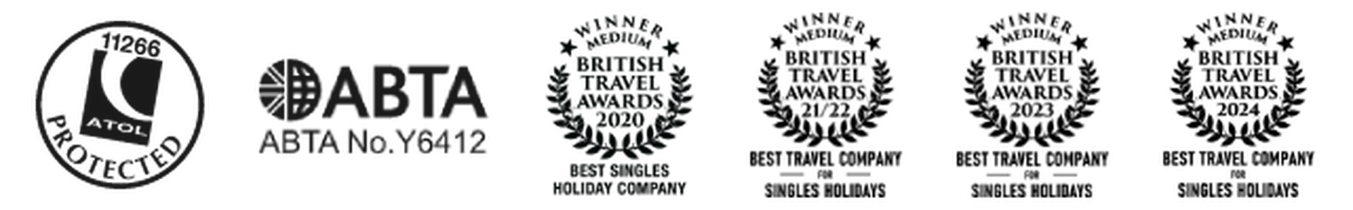 Logos for ATOL, ABTA No. Y6412, and IATA Accredited Agent with black text and symbols on a transparent background.