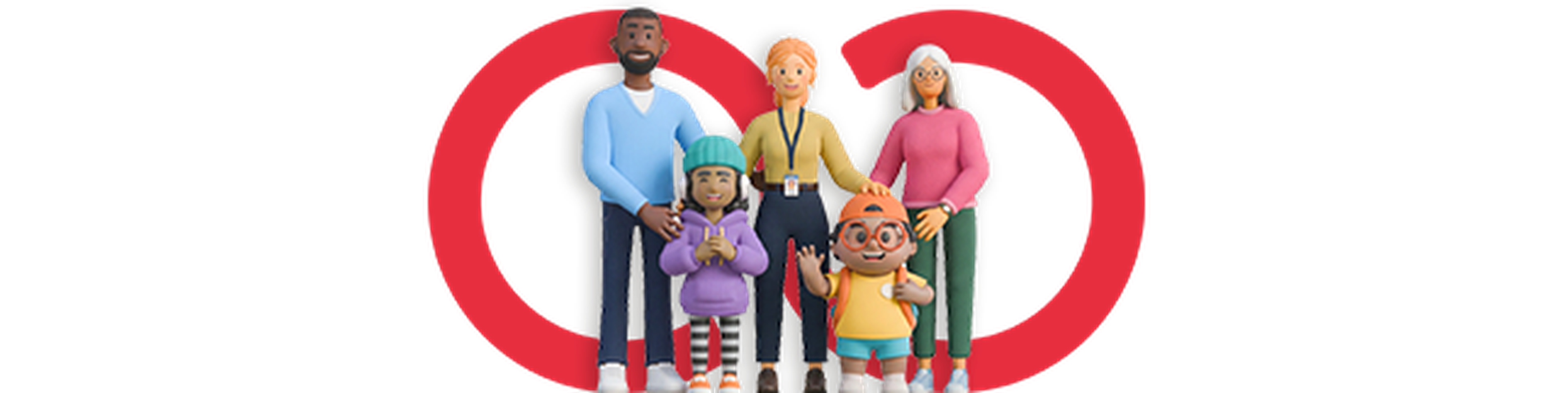 A diverse, animated family of six stands together smiling, framed by intertwined red loops in the background.