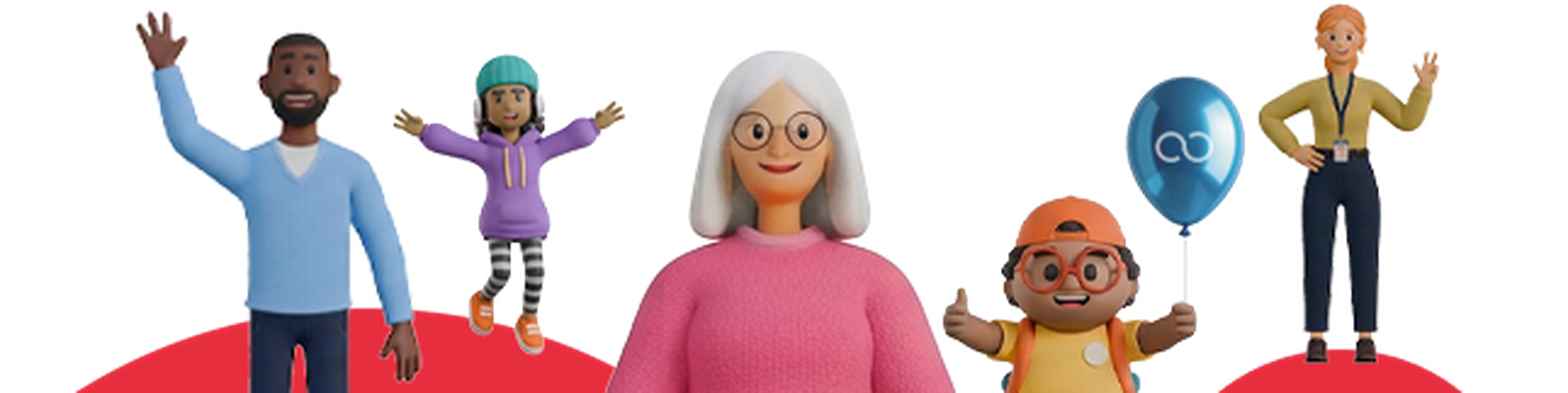 A diverse group of five cartoon characters, including a child with a balloon, smiling and waving against a red and white background.