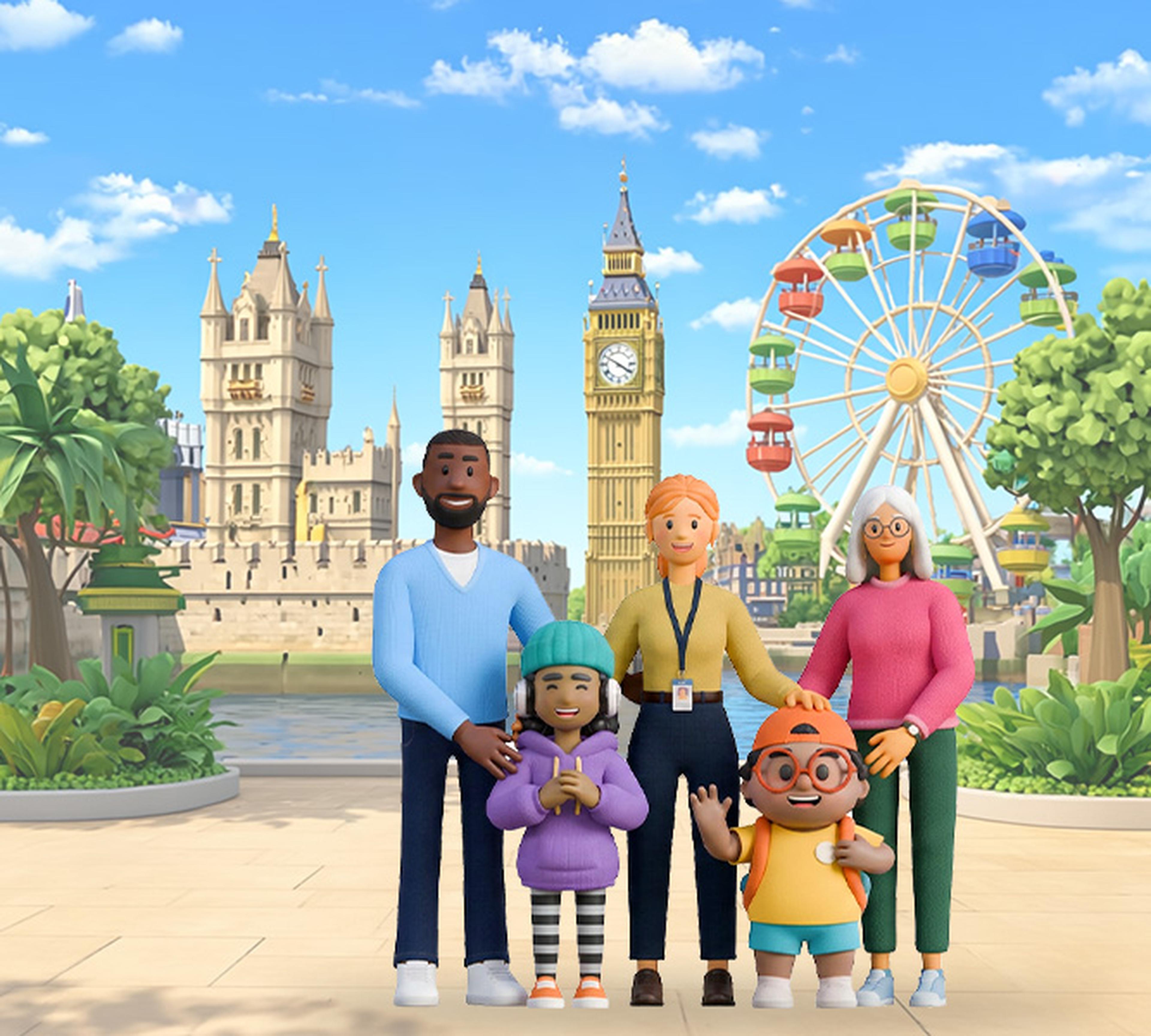 Animated group of diverse people smiling in front of Big Ben and a Ferris wheel on a sunny day.