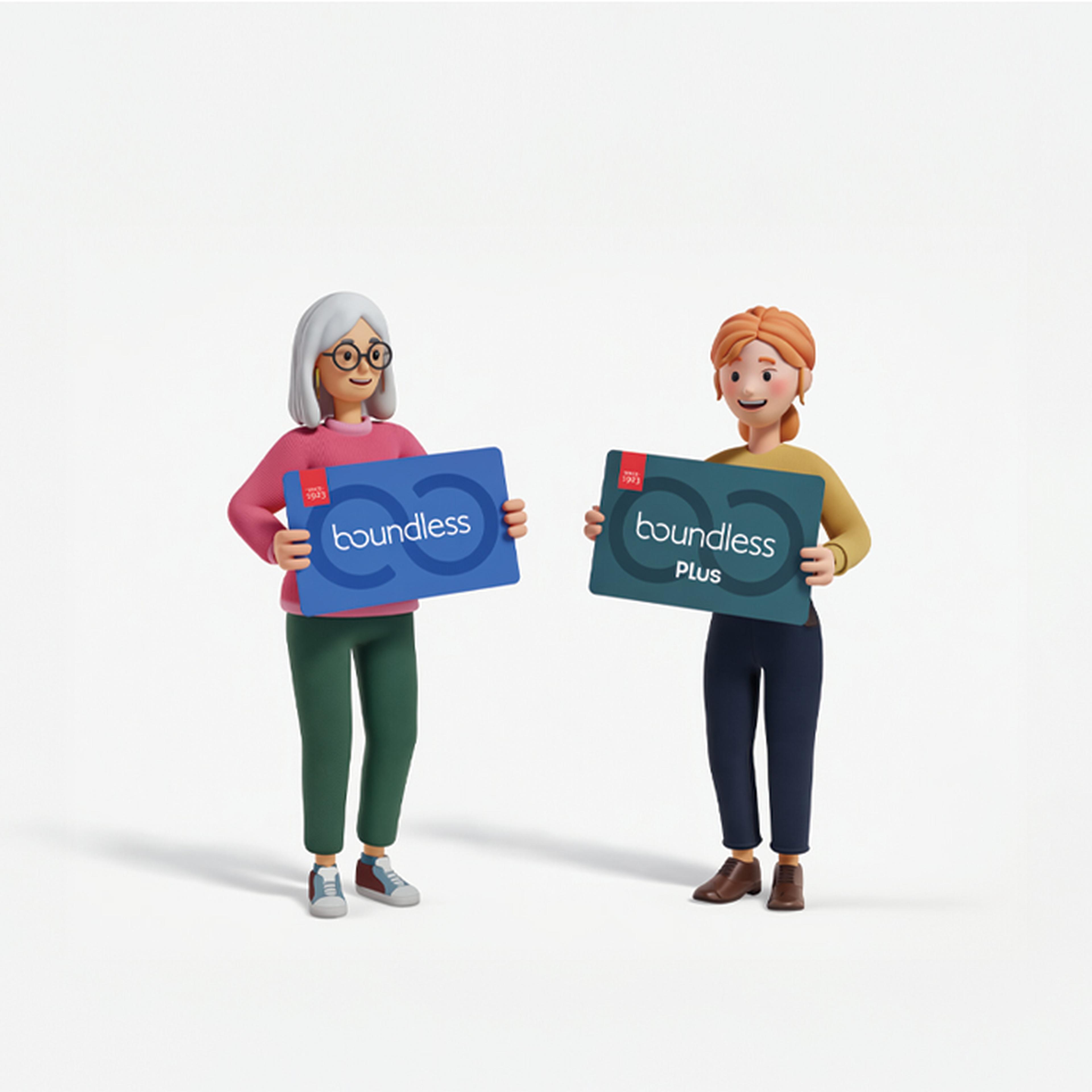 Two illustrated characters smiling, holding boundless and boundless Plus cards