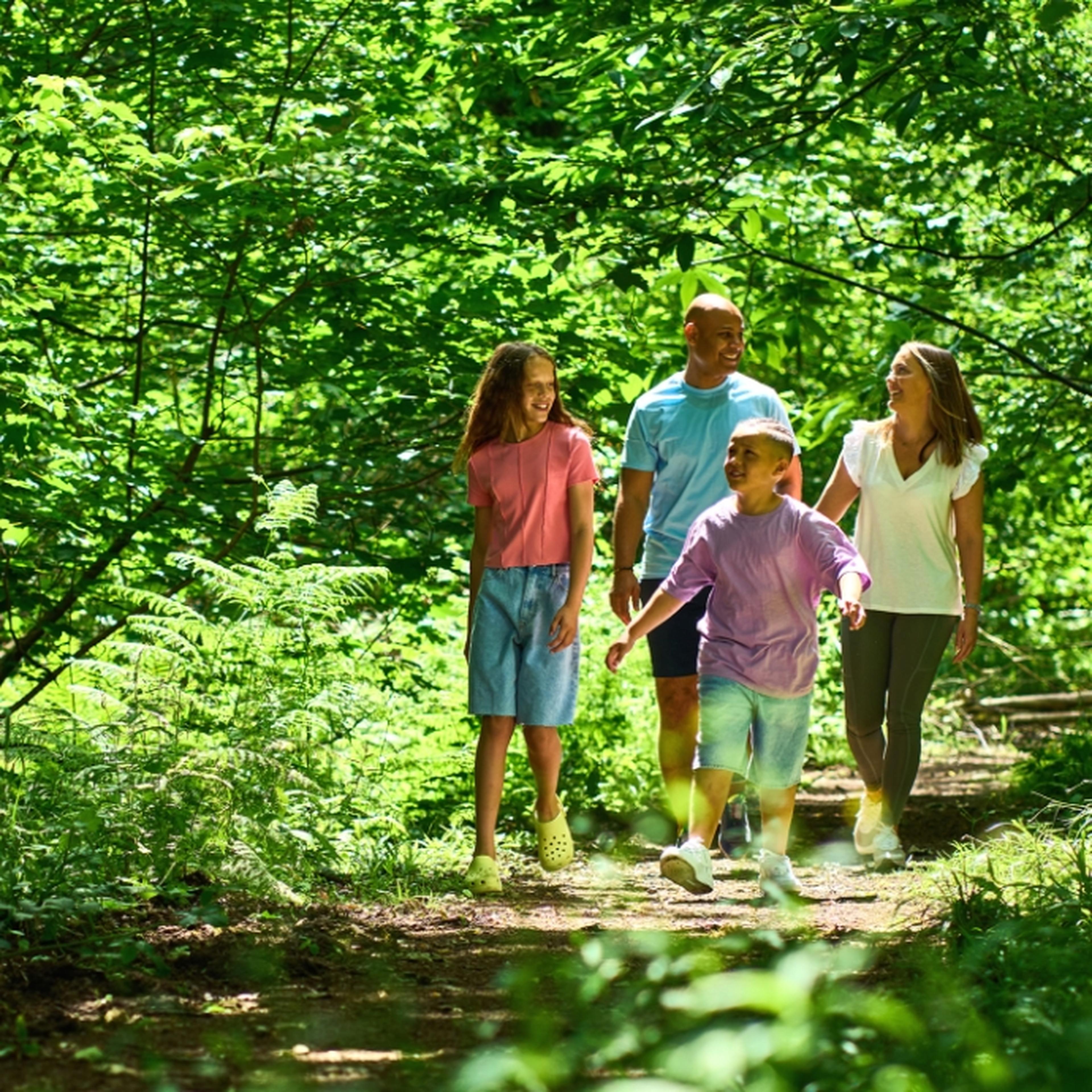 Family walking in Whitemead Forest Park woods