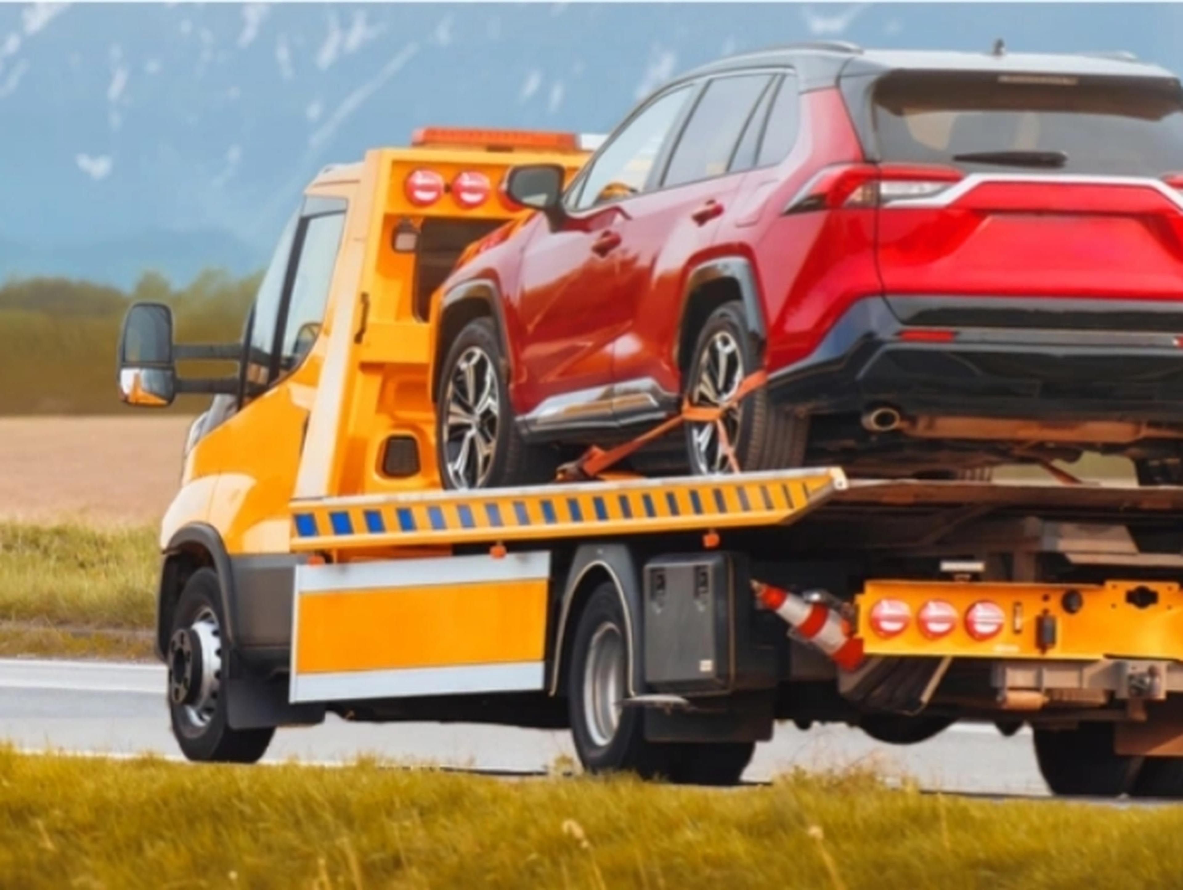 An image of a car on the back of a recovery truck in the countryside
