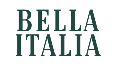 The image displays the text "BELLA ITALIA" in bold, dark green uppercase letters on a white background.