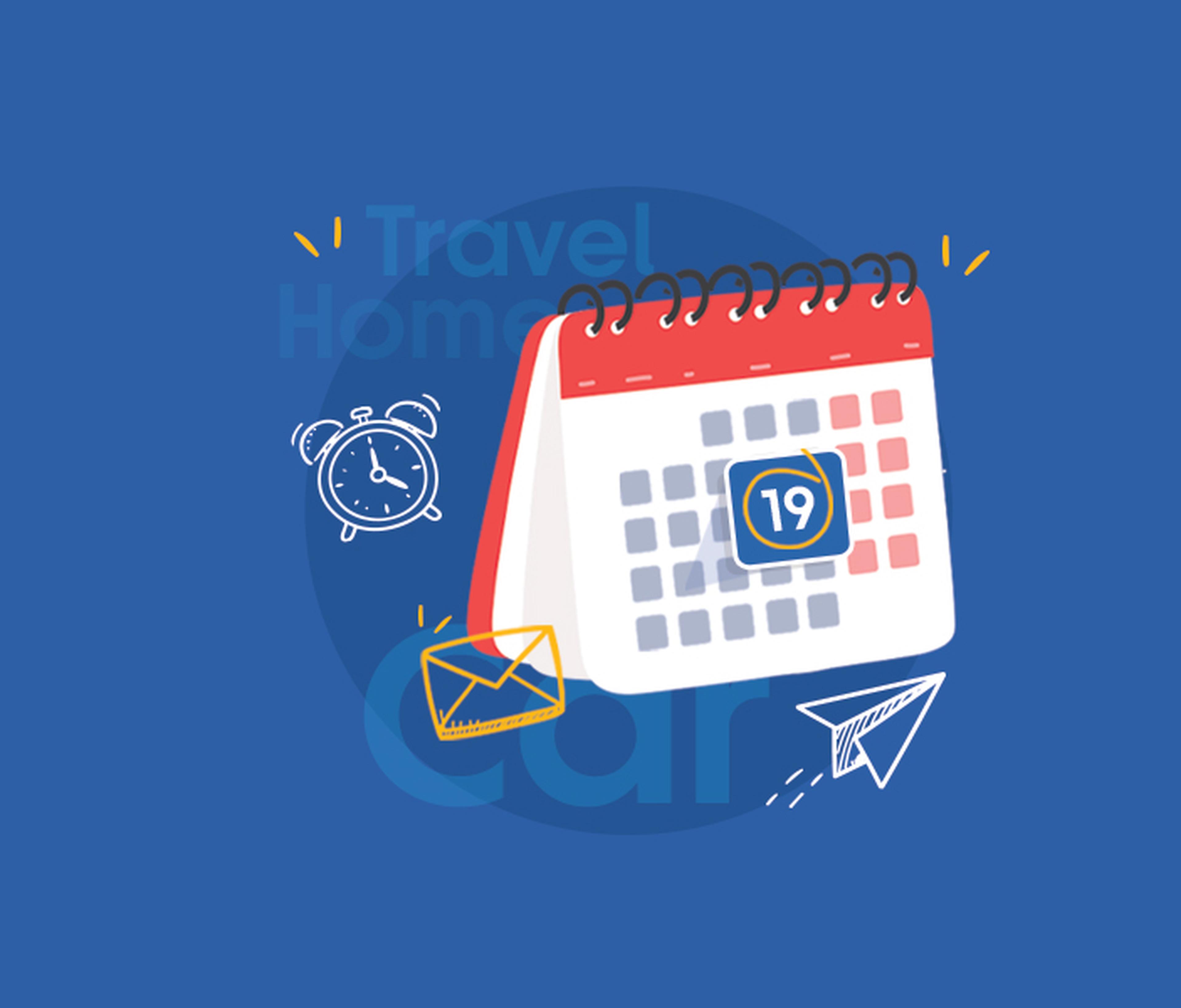 Illustration of a calendar marked with a date, with an alarm clock, envelope, and paper plane on a blue background.