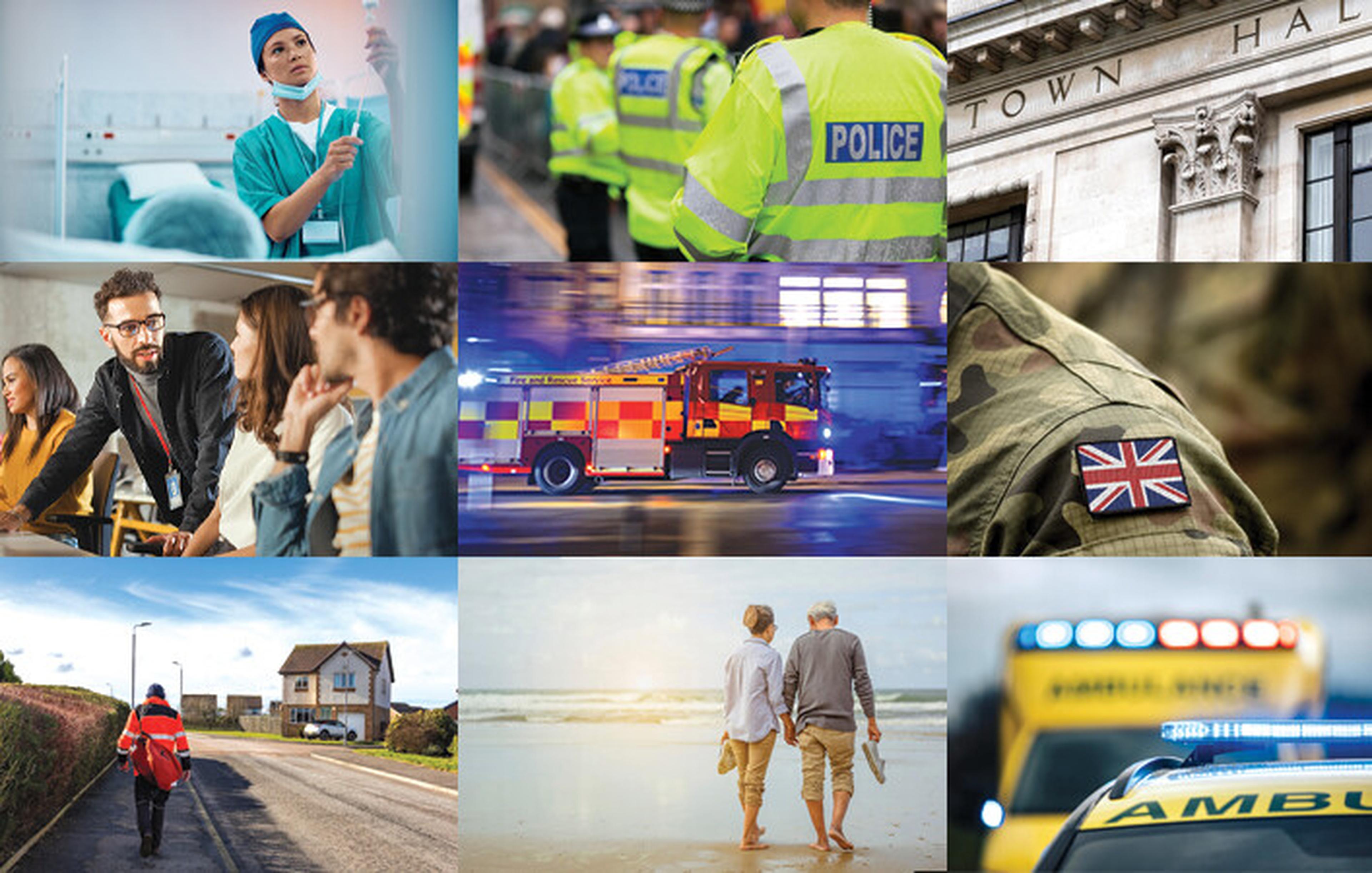 Collage of emergency services: doctor, police, firetruck, soldier. Includes scenes of people in meetings and a beach walk.