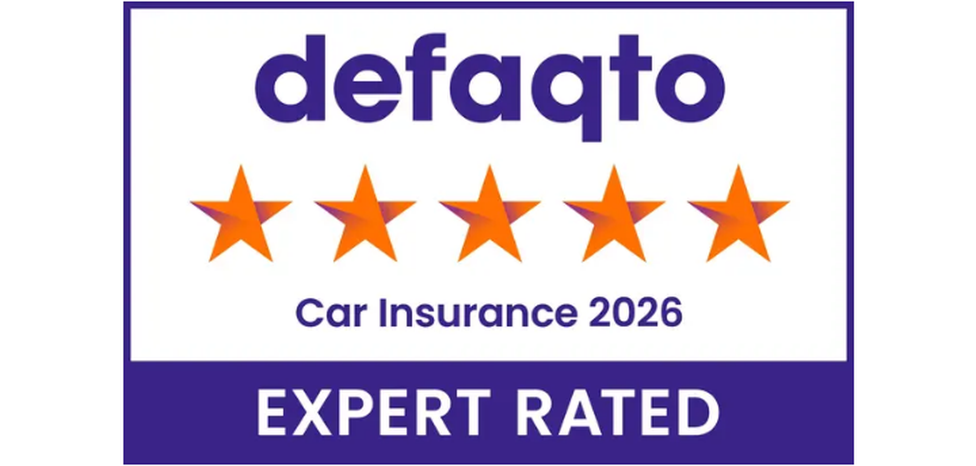 Defaqto five-star rating for car insurance 2026, labeled as "Expert Rated" beneath orange stars on a white and purple background.