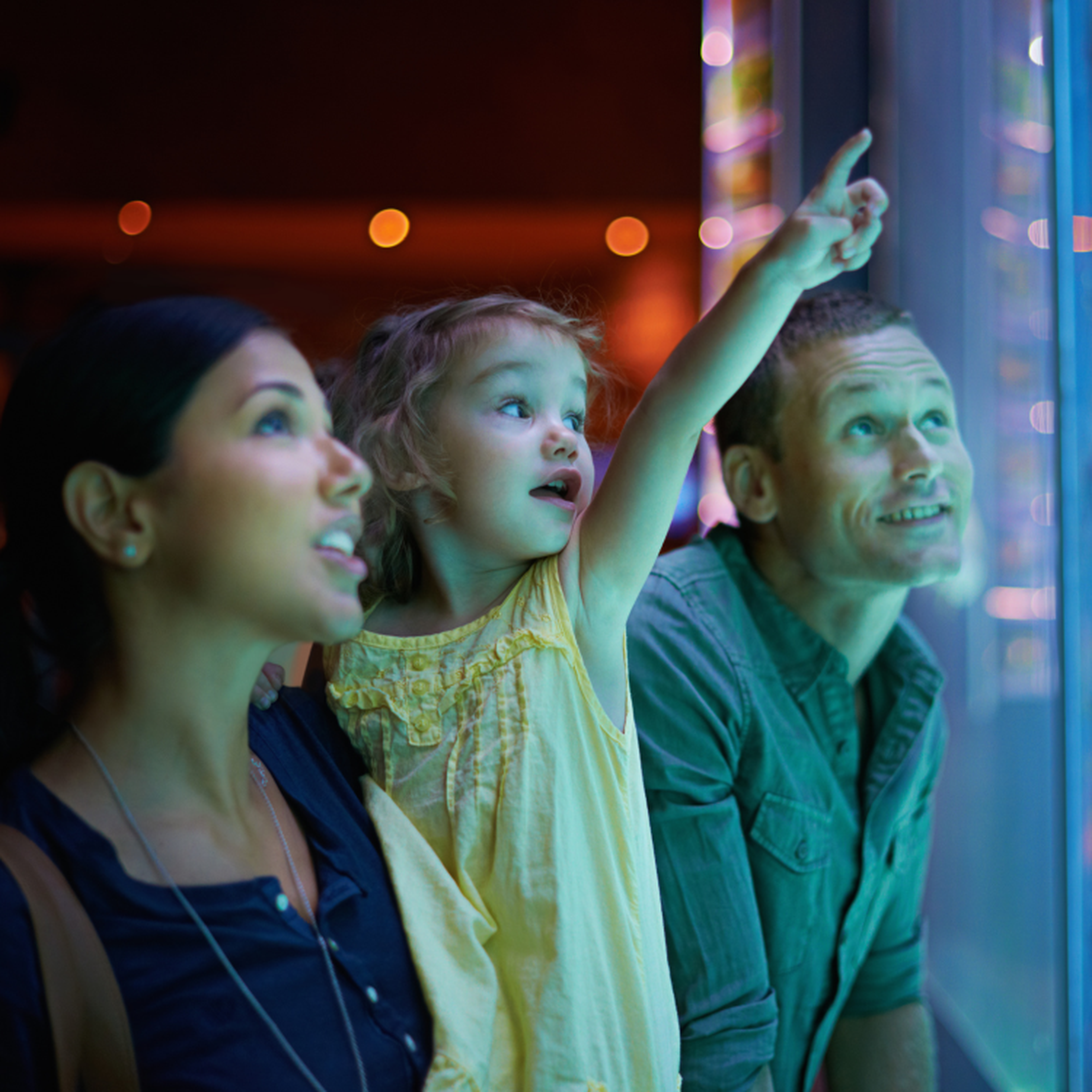 A family of three looks in awe at an aquarium display, with the child excitedly pointing at colorful fish through the glass.
