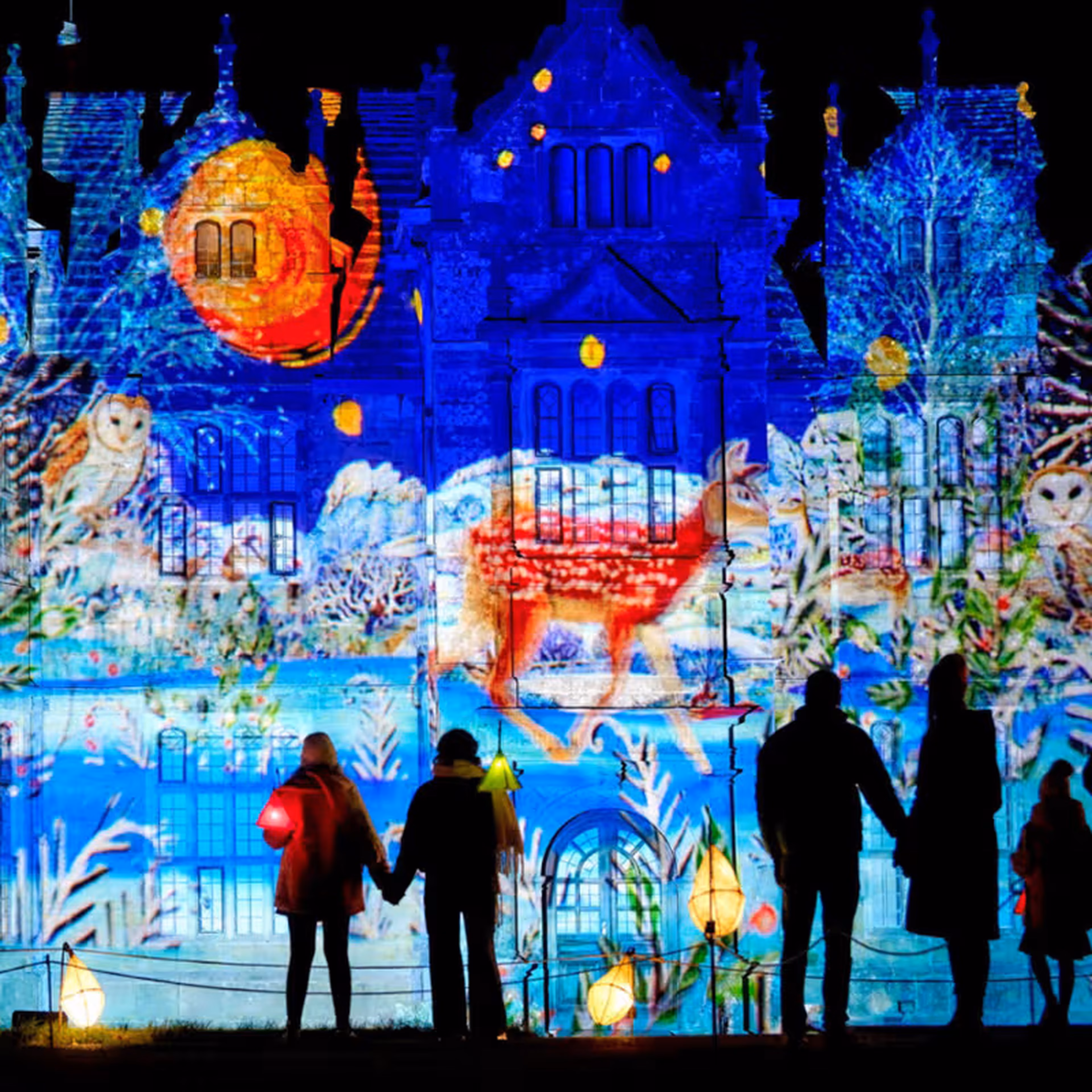 This photograph captures a winter light projection at Kew Gardens, featuring a vivid scene of a deer, owls, and a glowing moon reflected in a snow-covered landscape. Visitors stand in silhouette as the illuminated display transforms the historic gardens into a magical seasonal spectacle.