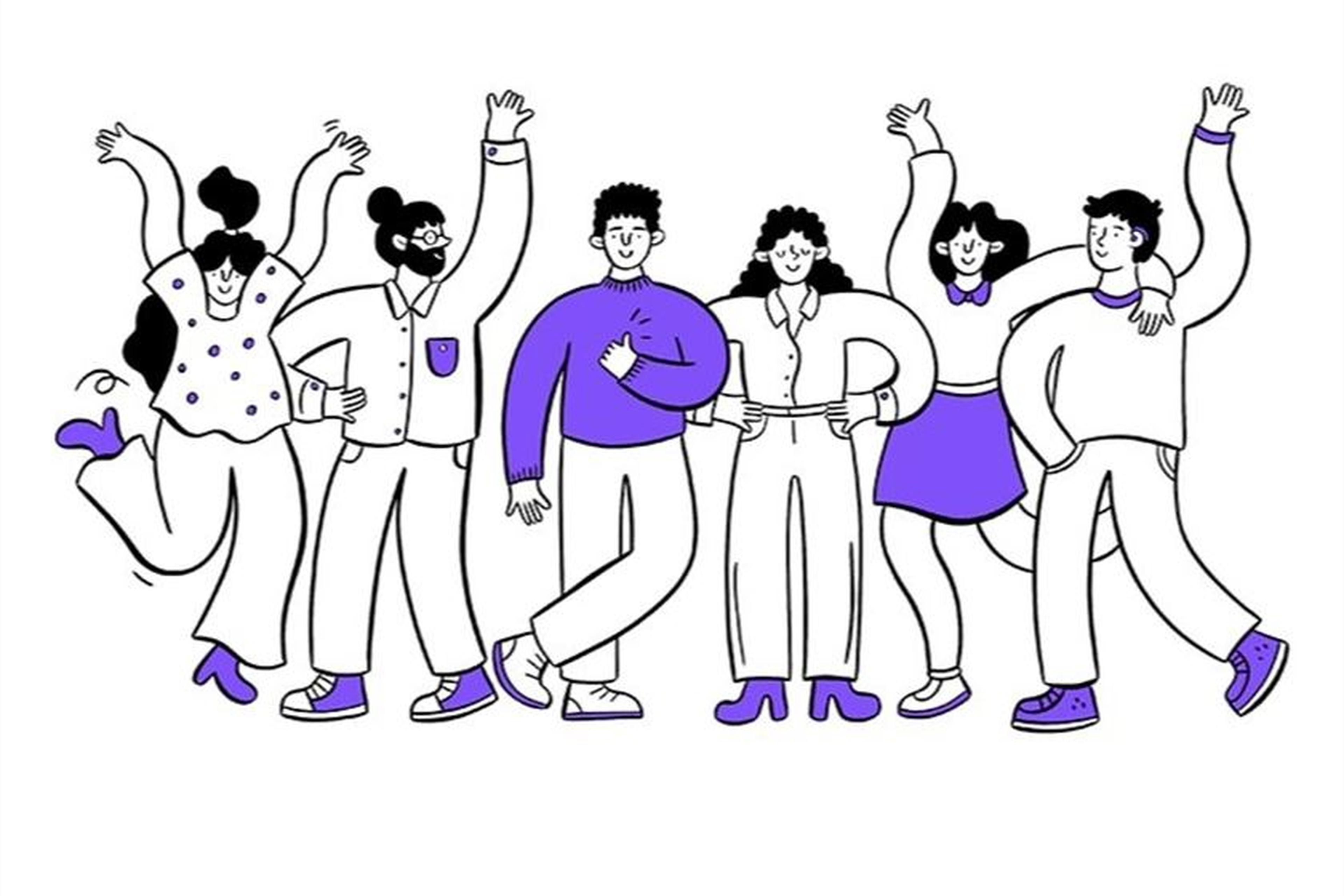 Illustration of six smiling people standing in a row, arms raised, with purple accents on their clothing and shoes.