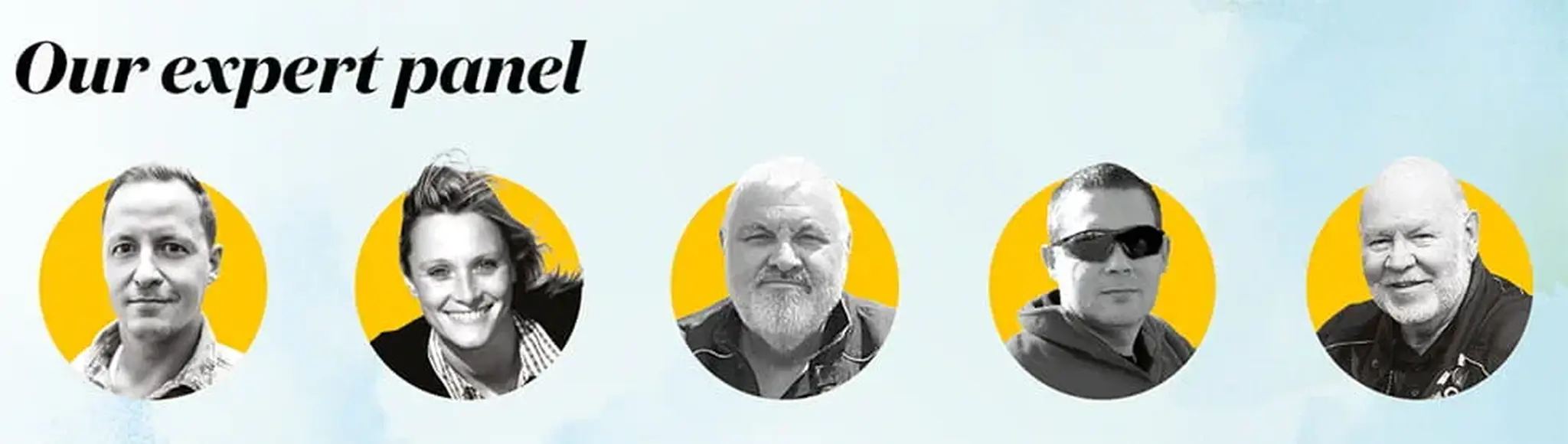 Five people in circular portraits with yellow backgrounds