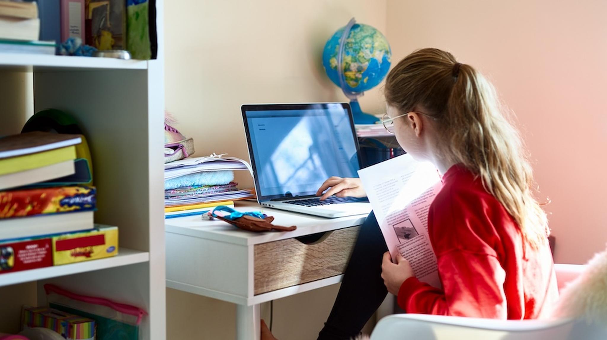 Girl using laptop on desk