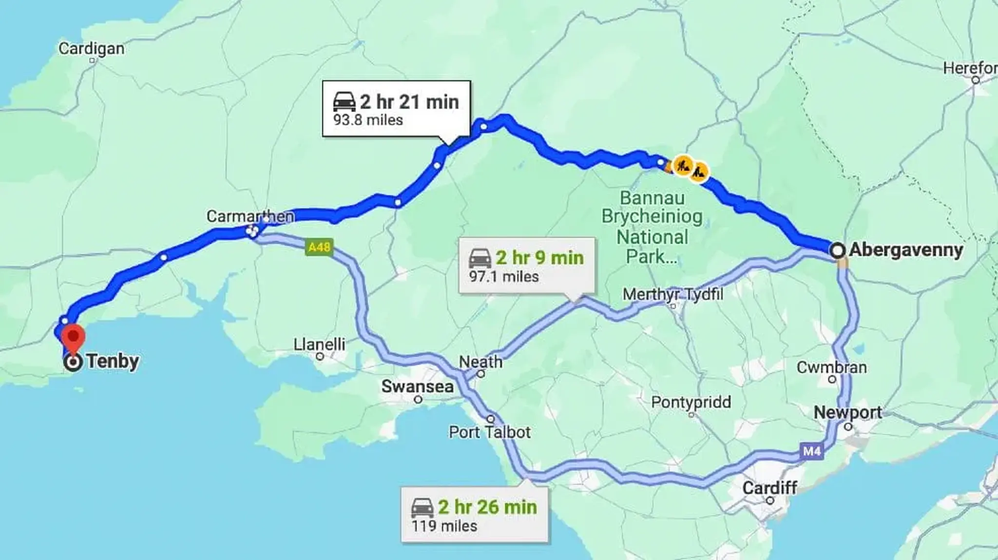 Abergavenny to Tenby map