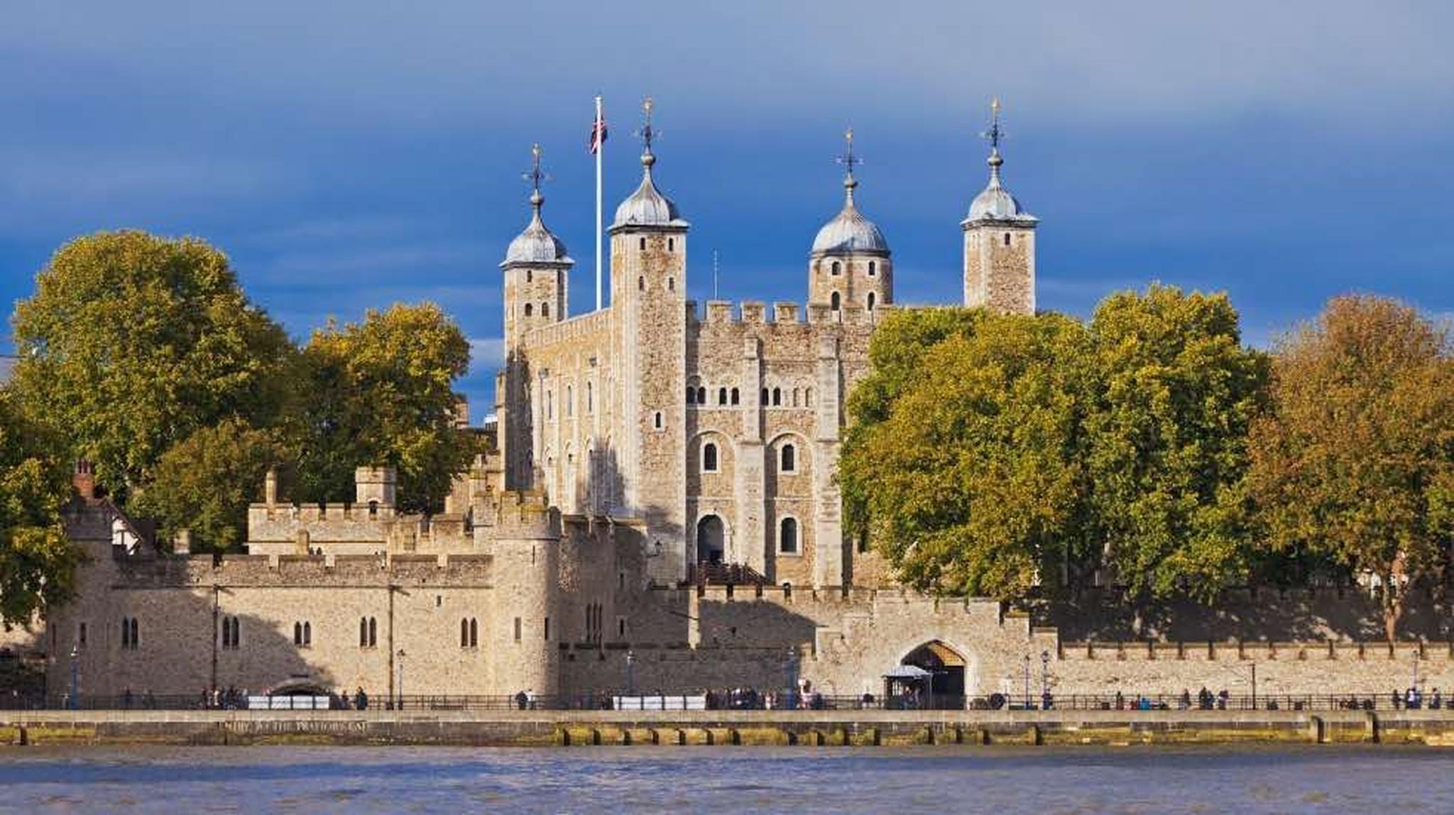 The Tower of London with its historic stone walls and four turrets