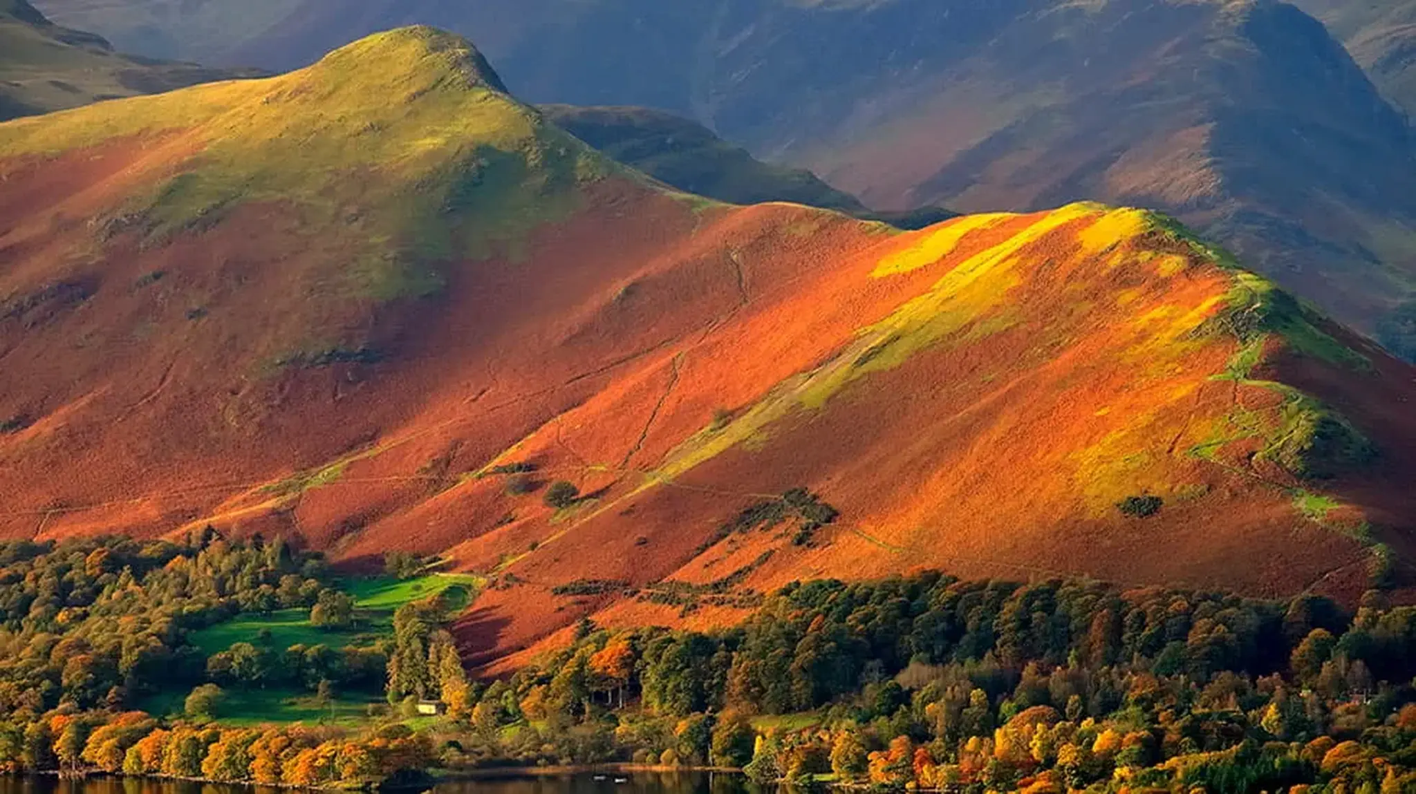 Vibrant autumn hills with orange and green foliage, illuminated by sunlight
