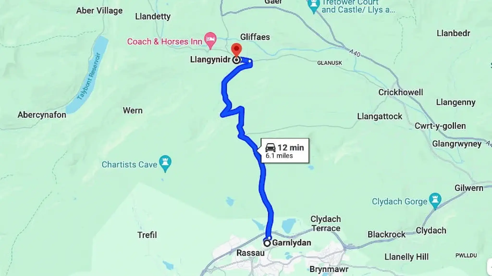 Garnlydan to Llangynidr map