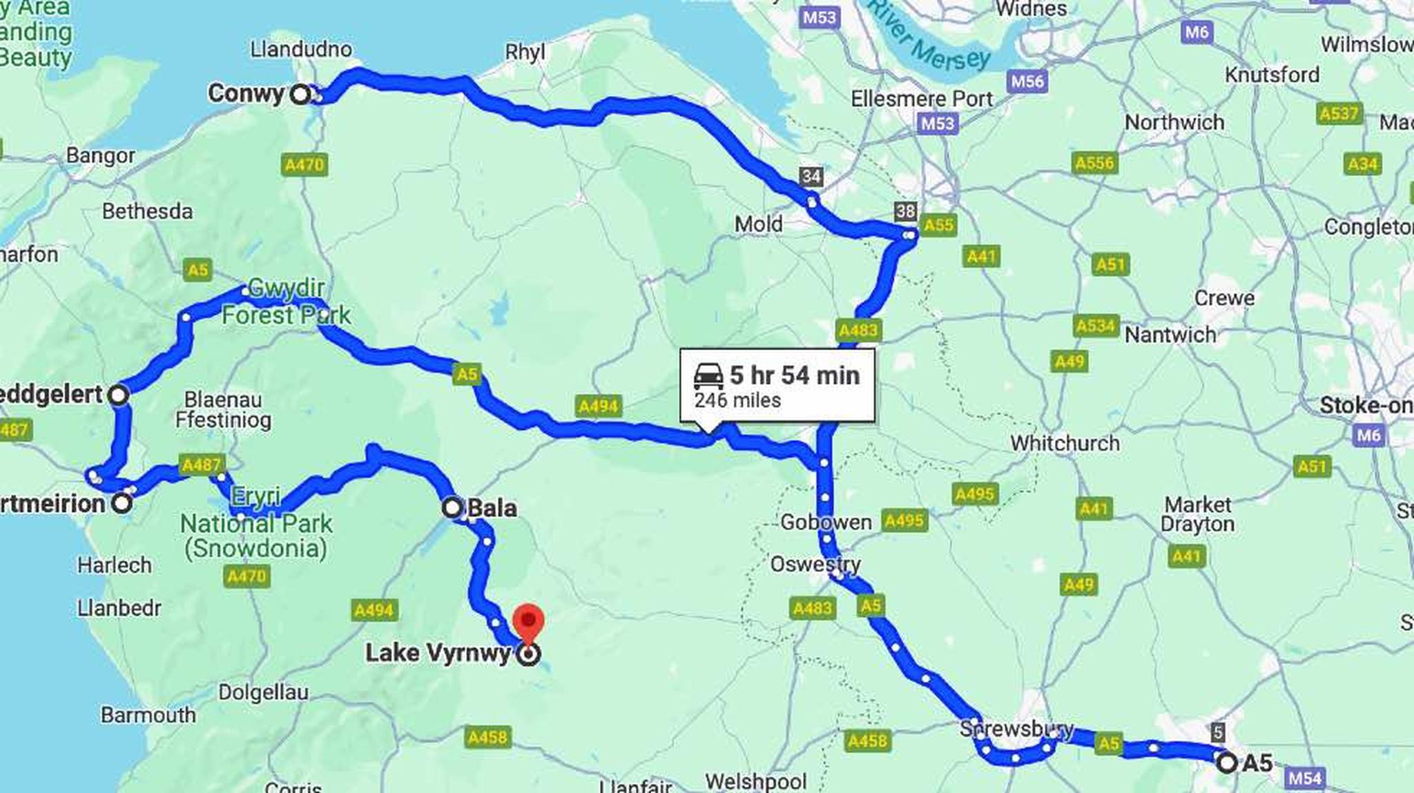 Conwy to Lake Vyrnwy map