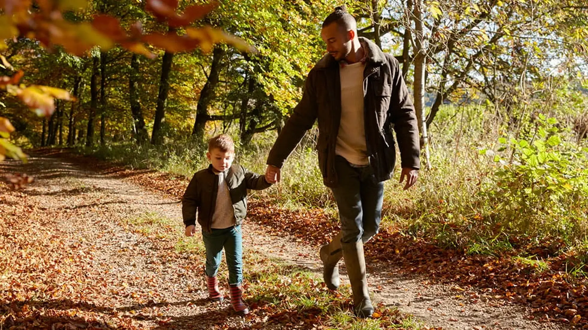 A man and a young child walk hand in hand on a leaf-covered forest