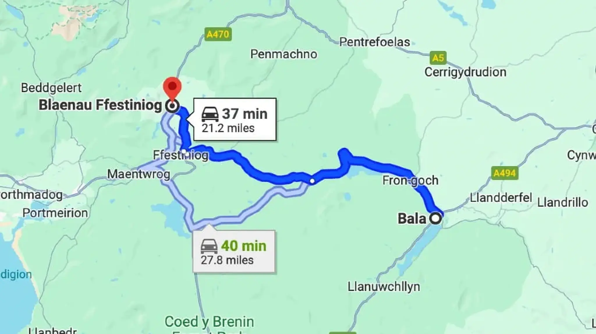 Bala to Blaenau Ffestiniog map