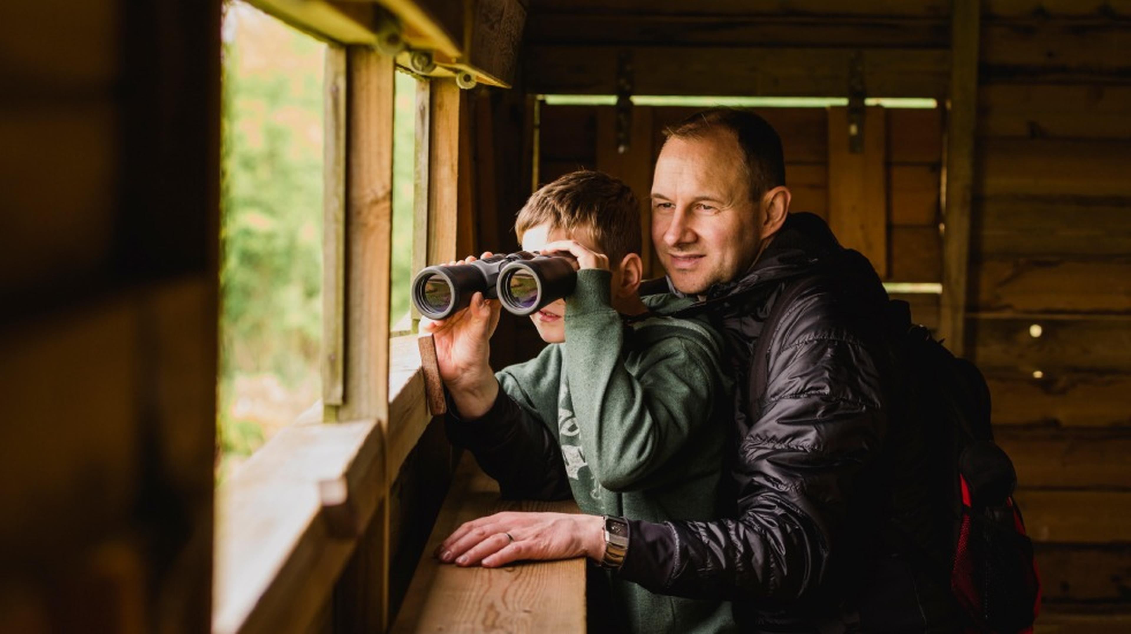 man and child birdwatching