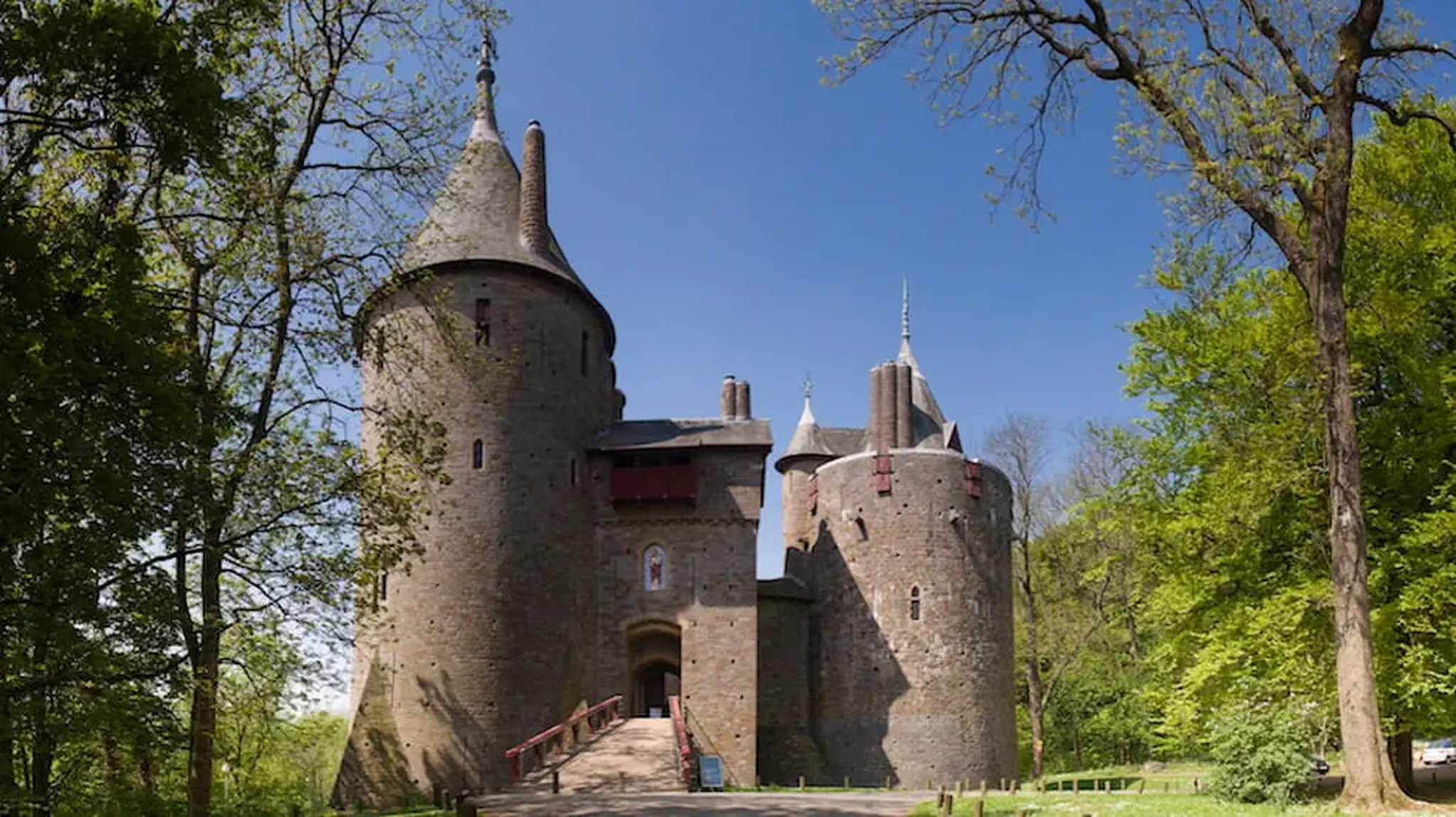 Medieval stone castle with round towers and conical roofs