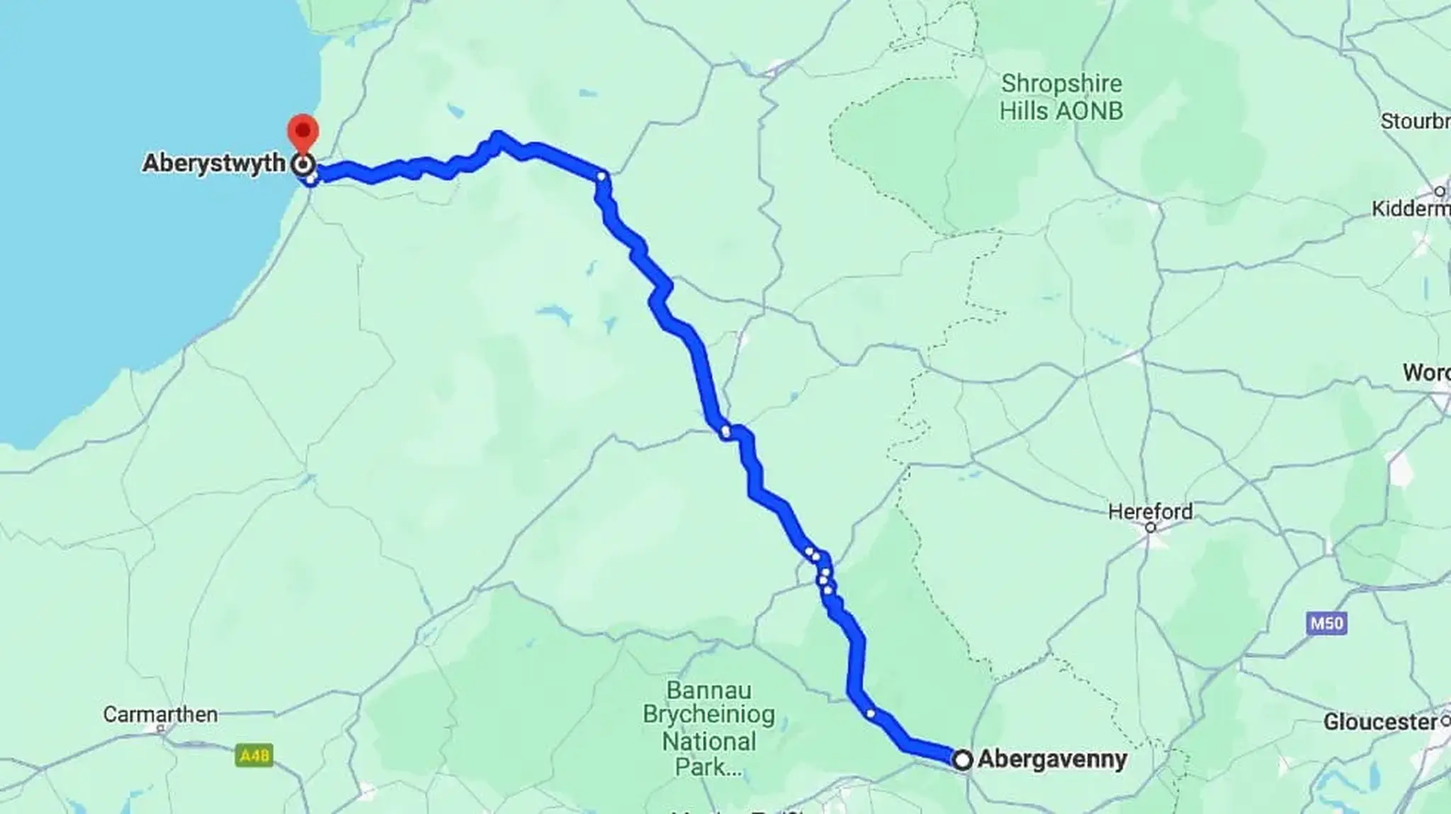 Abergavenny to Aberystwyth map