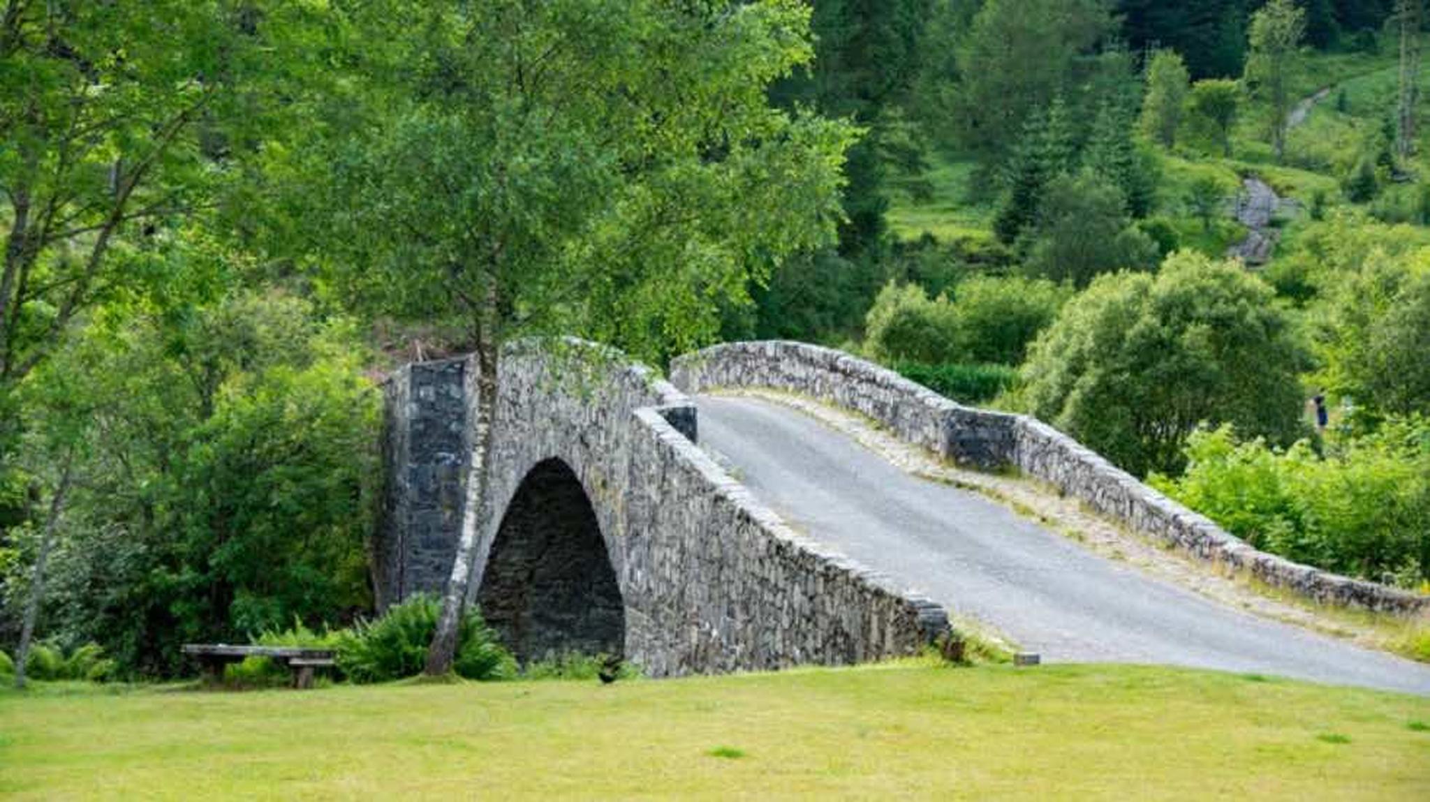 Stone arch bridge with a curved path, surrounded by lush green trees and grass. A small picnic bench is visible nearby.