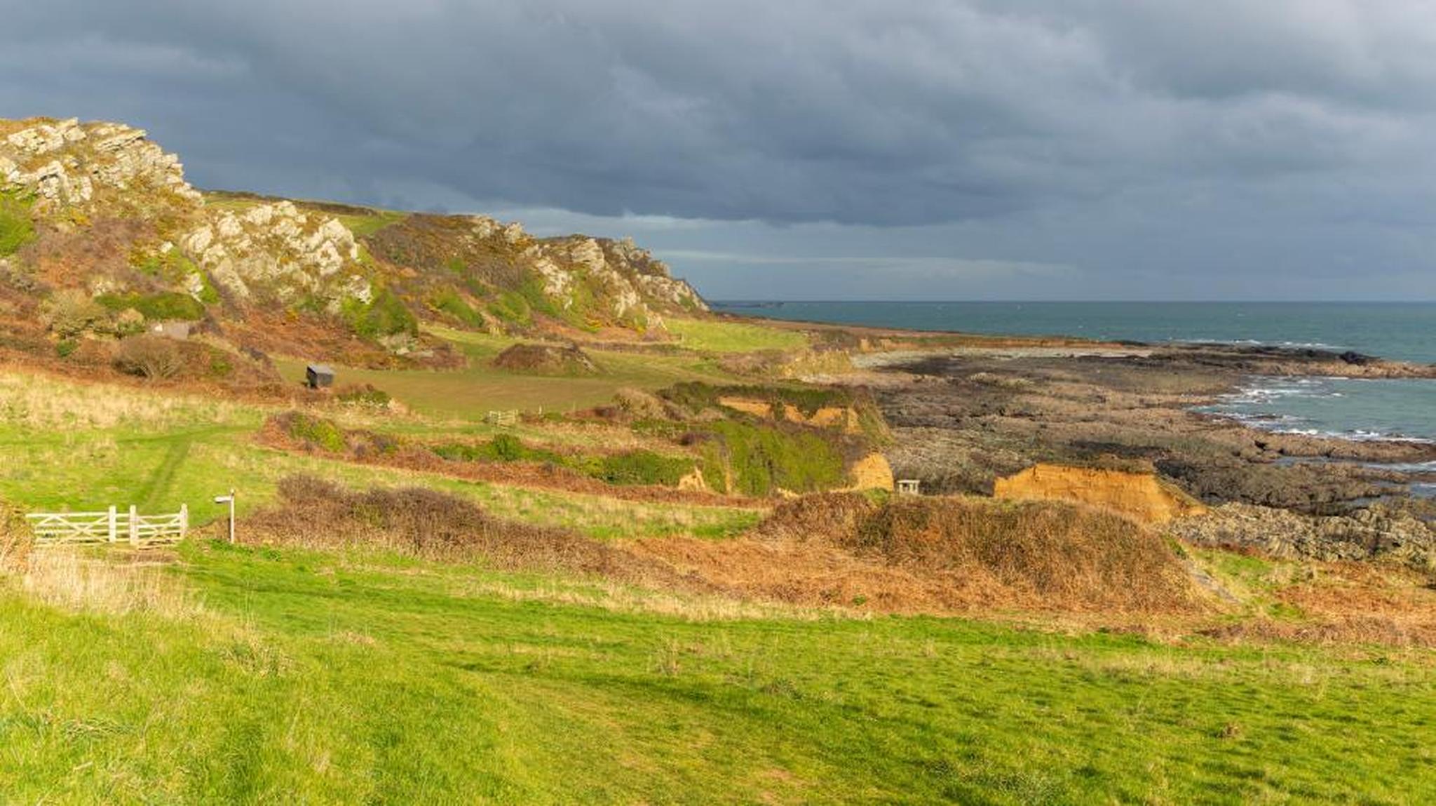 Coastal landscape with rocky cliffs, grassy fields, and a rugged shoreline under a cloudy sky.
