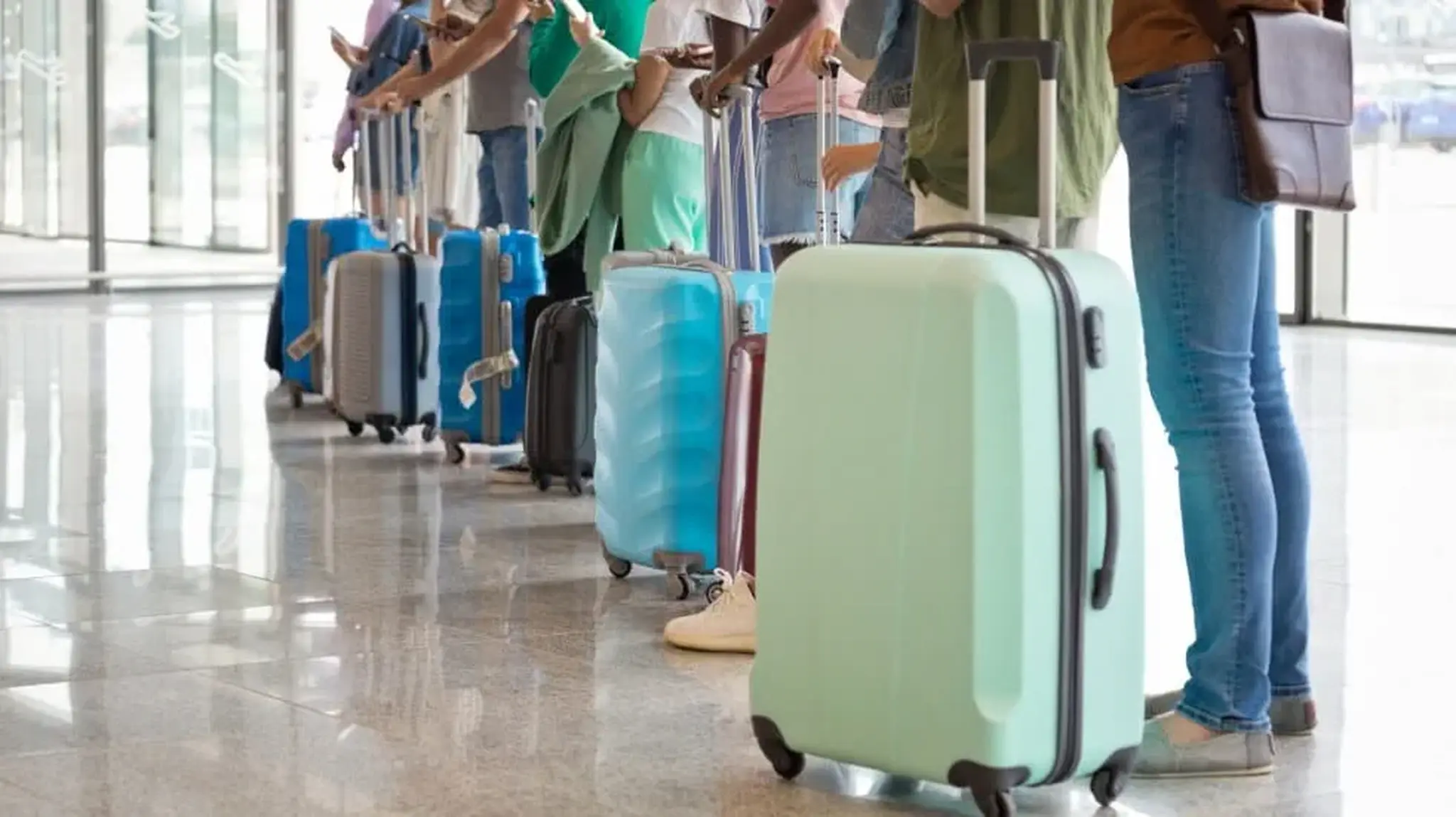 A line of travellers with various luggage in an airport terminal