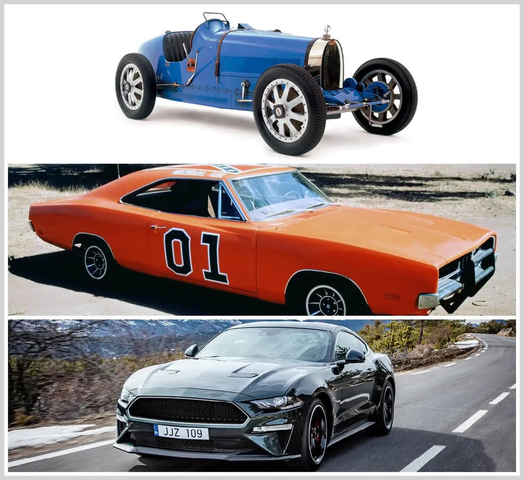 Three cars: a vintage blue race car, an orange classic muscle car with "01" on the side, and a modern black sports car on a road.