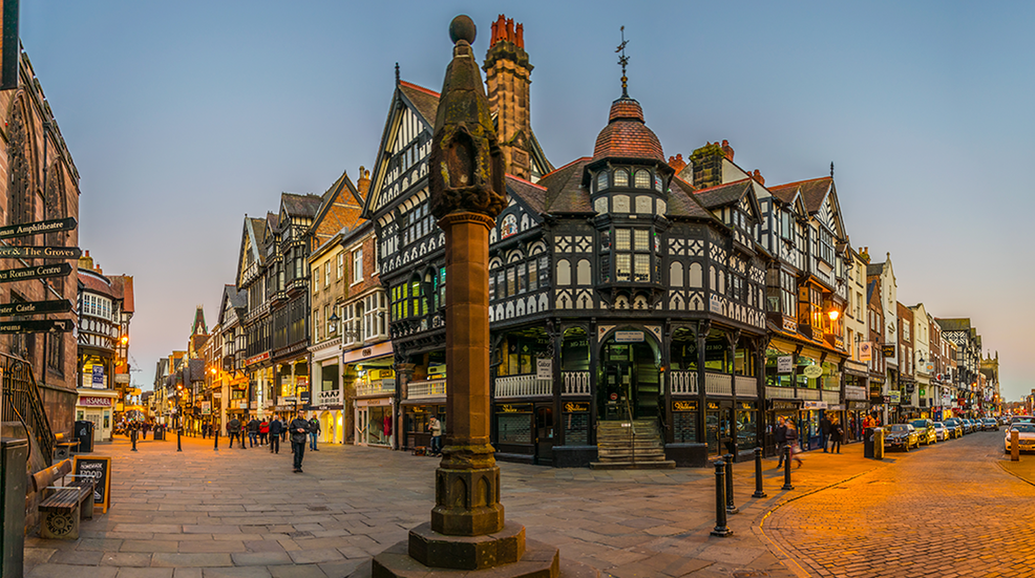 Sunset view of traditional tudor houses alongside the Bridge street in the central Chester, England