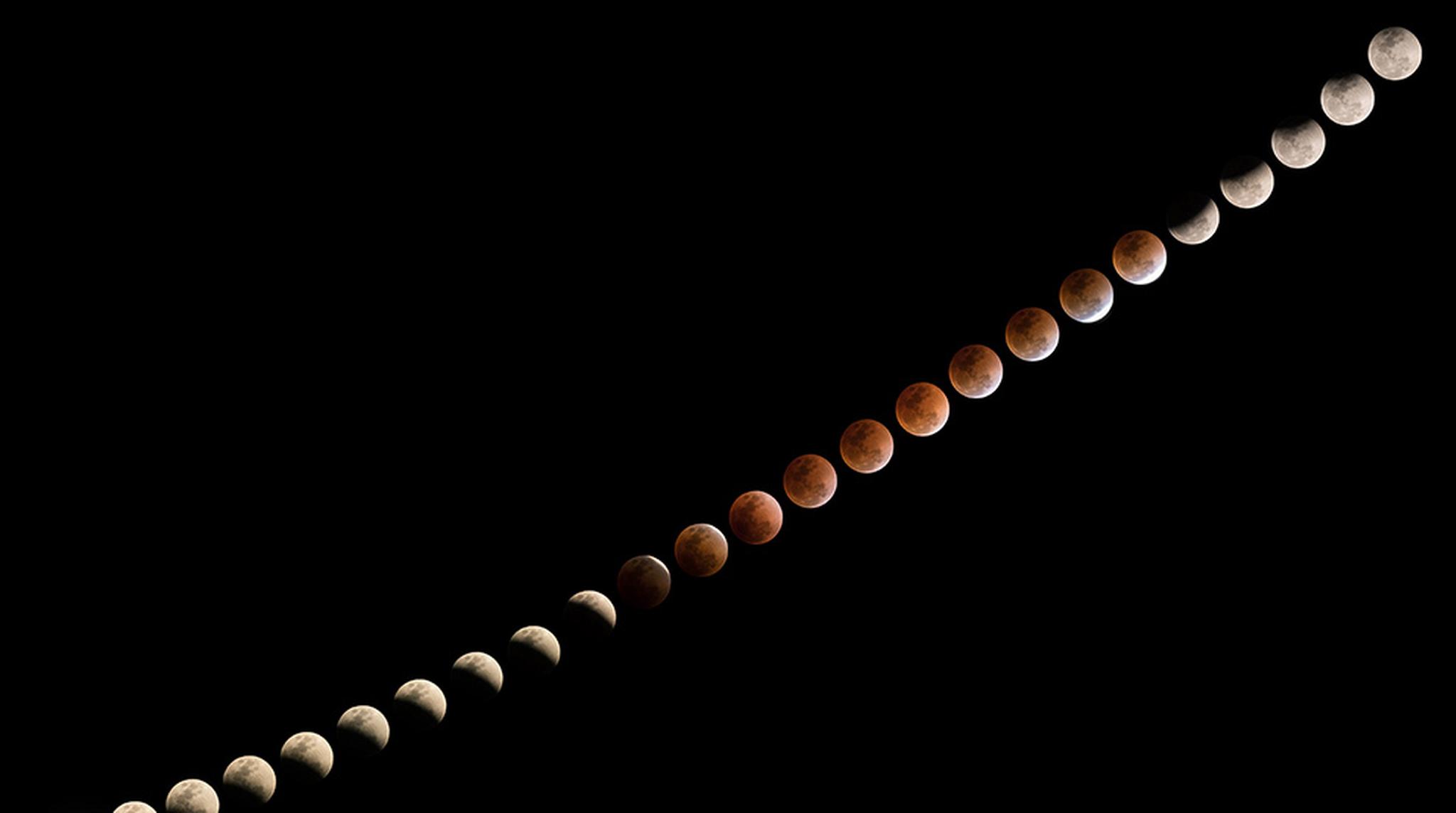 A sequence of moon phases during a lunar eclipse