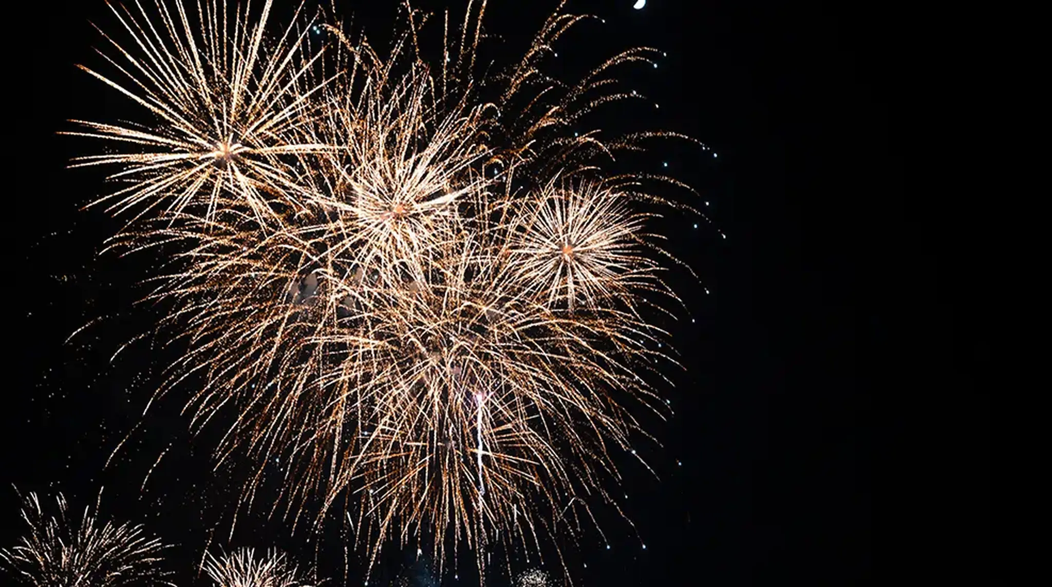 Bright fireworks burst in the night sky, creating intricate patterns of golden sparks