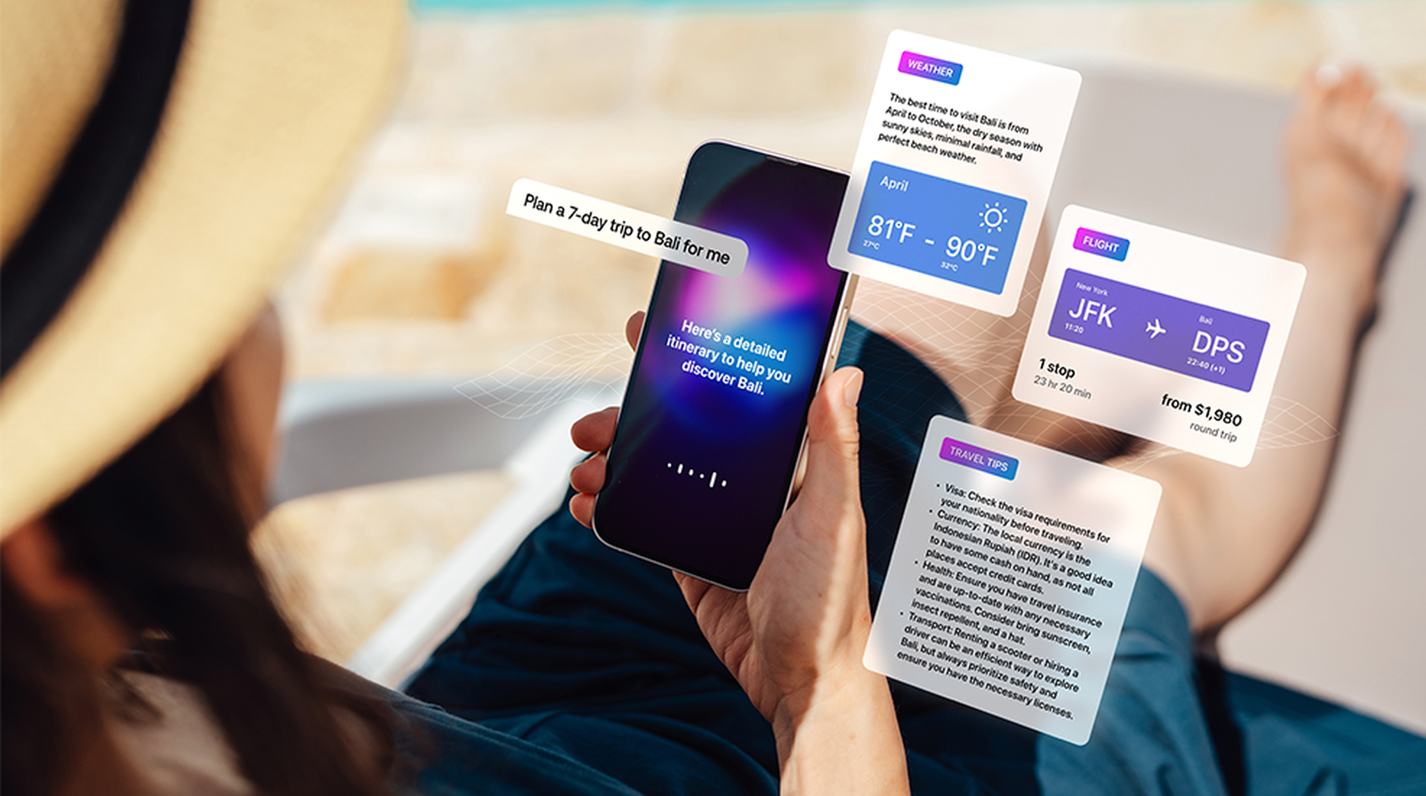 Person relaxing outdoors, holding a phone displaying travel planning info for Bali. Nearby floating boxes show weather and flight details.