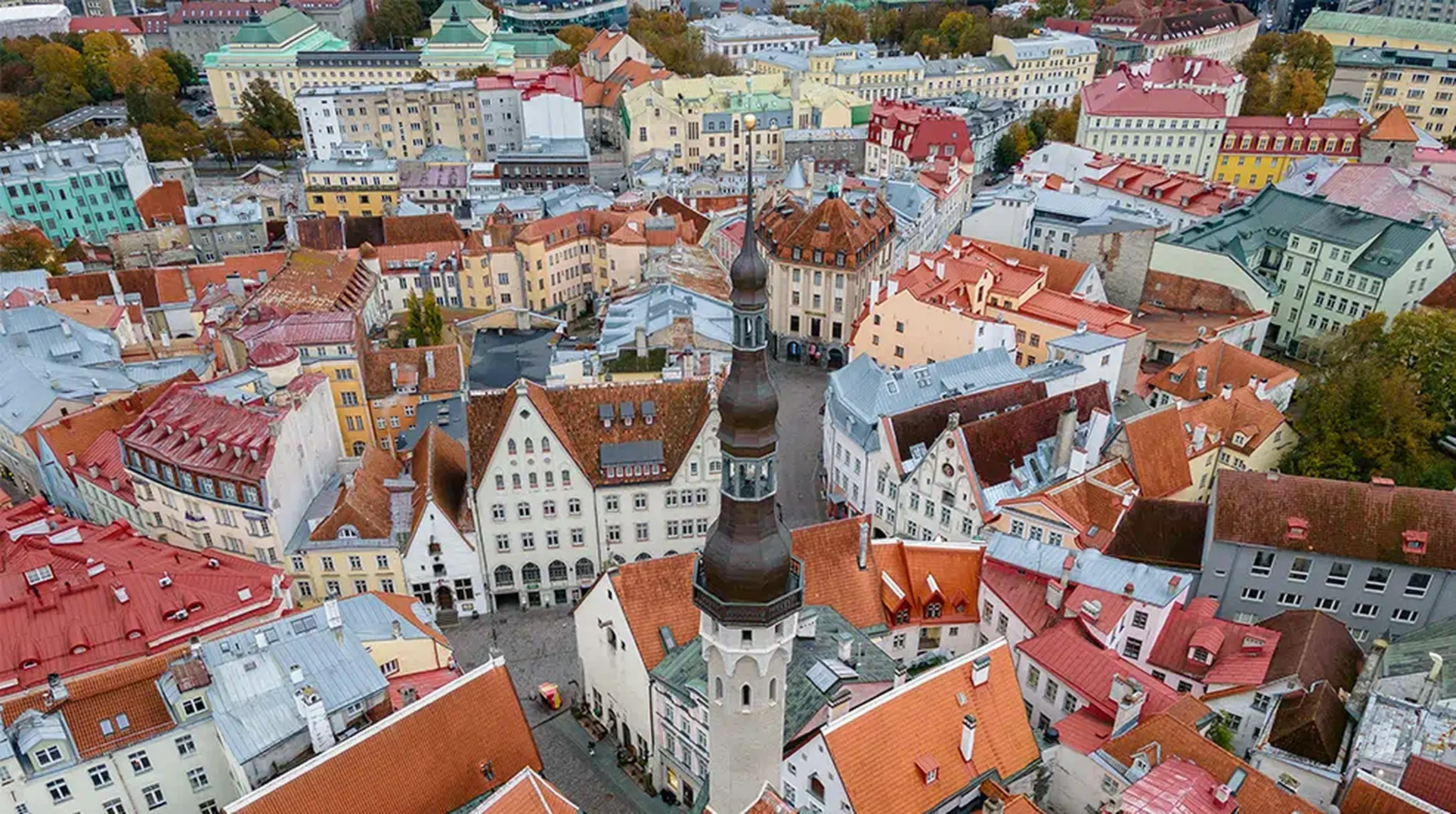 Aerial view of a historic European city with colourful buildings