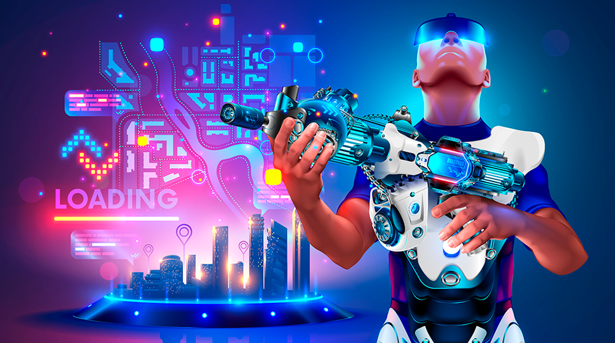 A futuristic figure in VR gear holds a high-tech device, with a digital city map and neon skyscrapers in the background