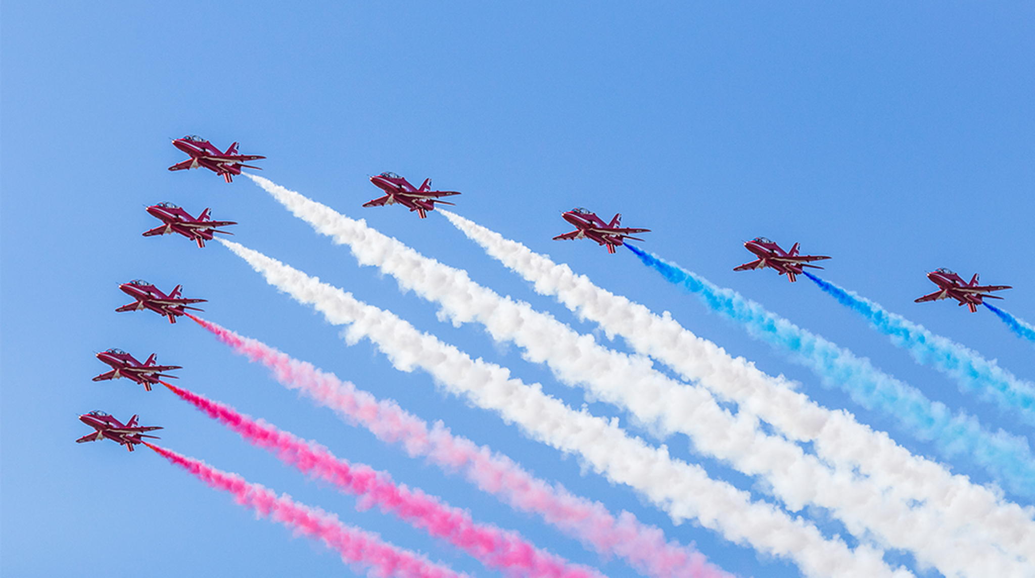 RAF Red Arrows flying across blue sky