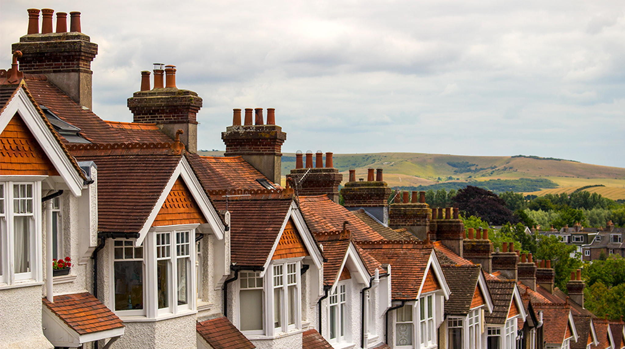 View of terrace housing looking down St. Swithun's Terrace in Lewes, East Sussex