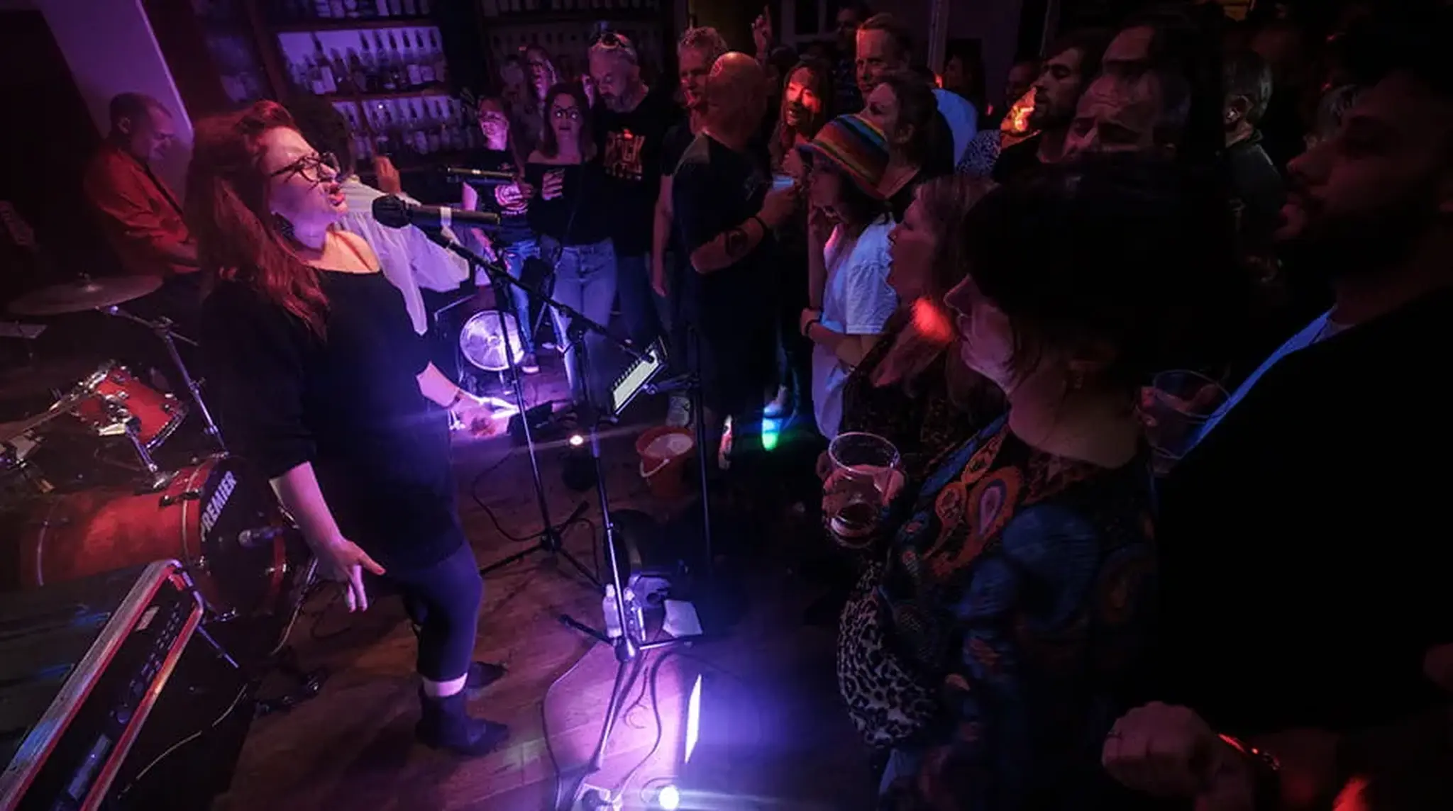 A singer performing on stage with a microphone and an audience