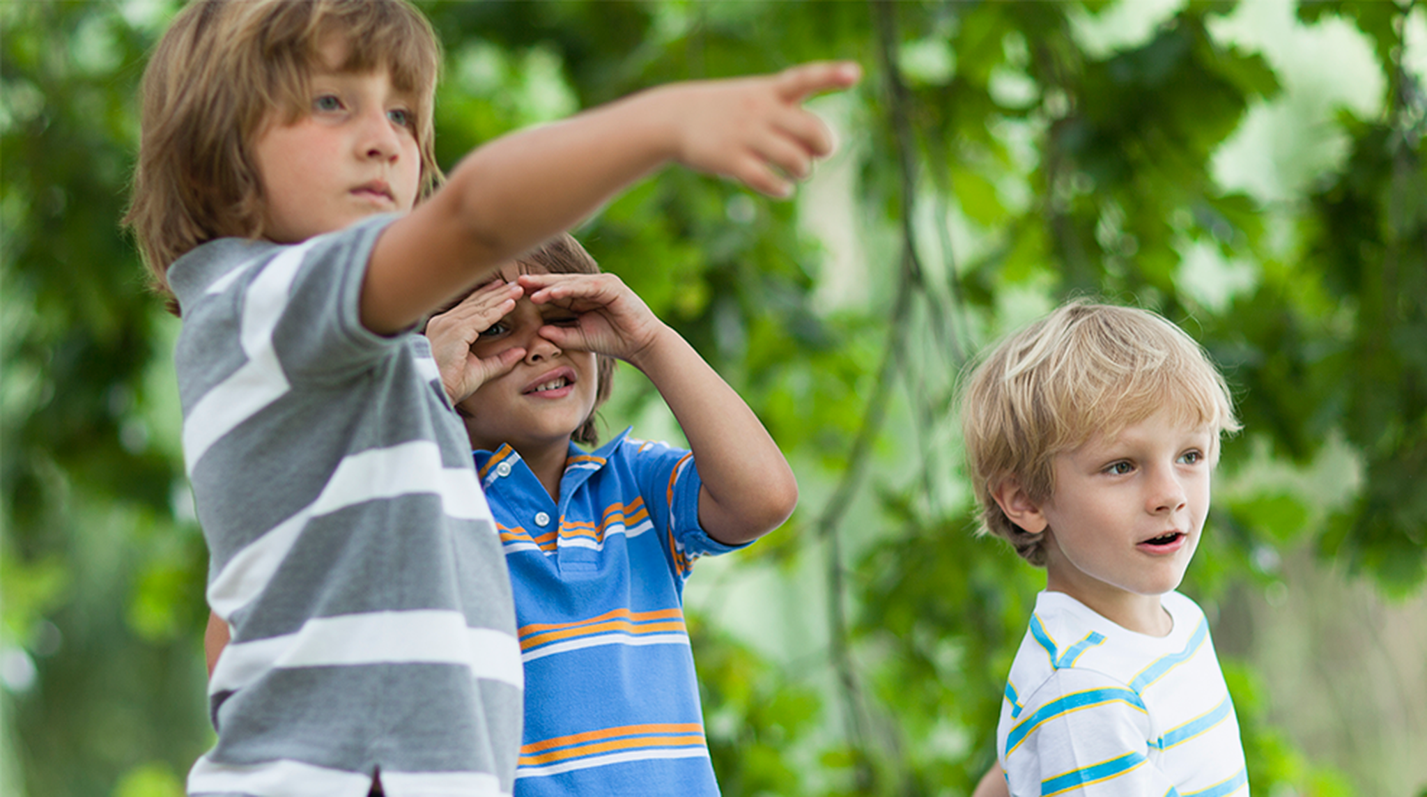 Three young boys in striped shirts looking and pointing excitedly at something outdoors, surrounded by green foliage.