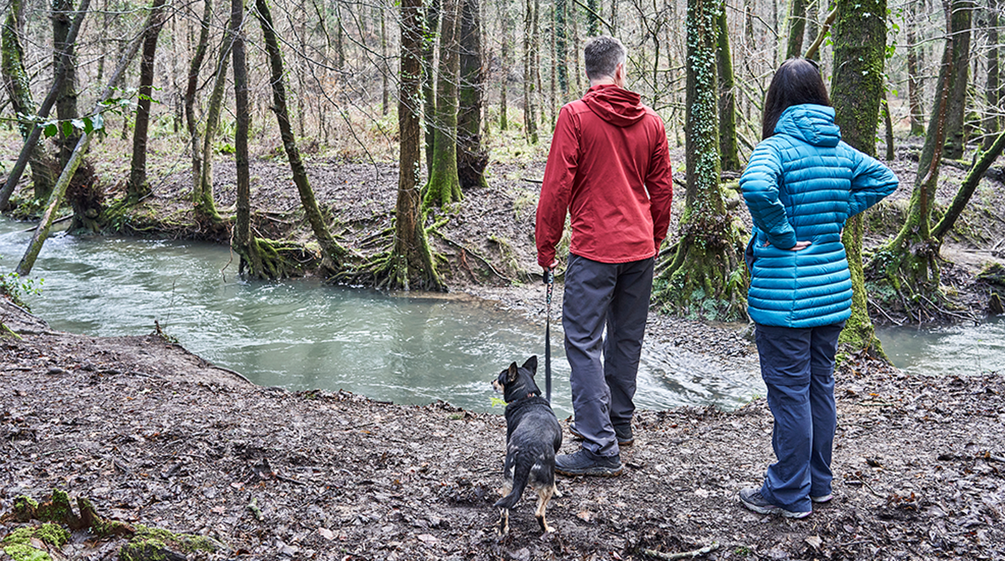 A couple with a dog stand by a stream in a forest, wearing jackets and facing the water on a cloudy day.