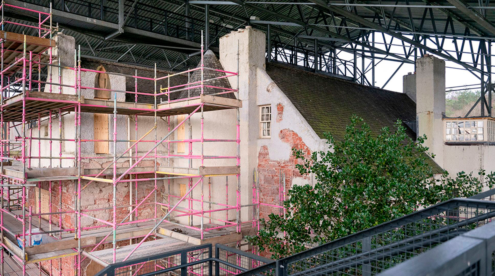 Hill House surrounded by scaffolding while conservation work takes place