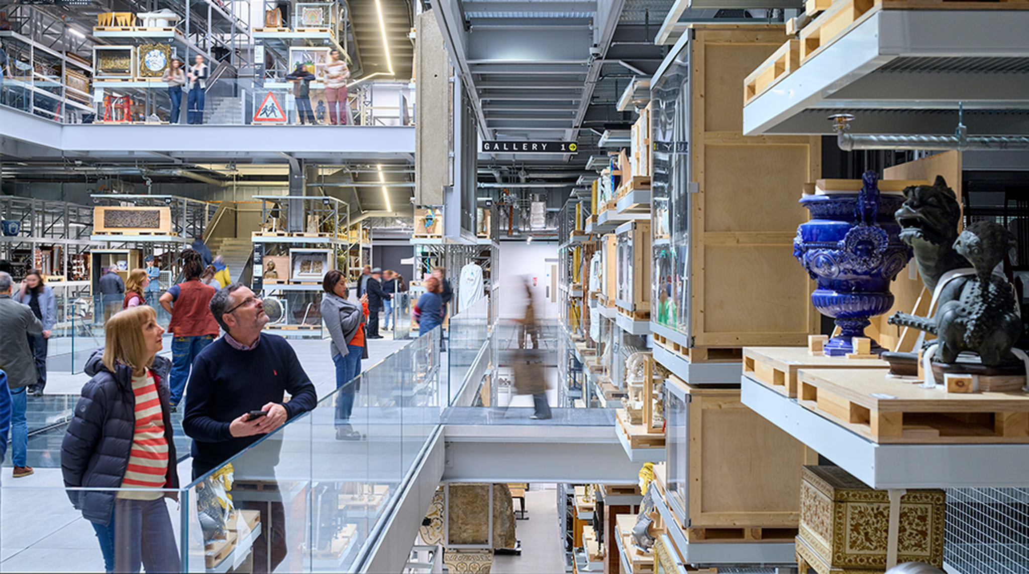 Couple admire artefacts inside The V&A Storehouse