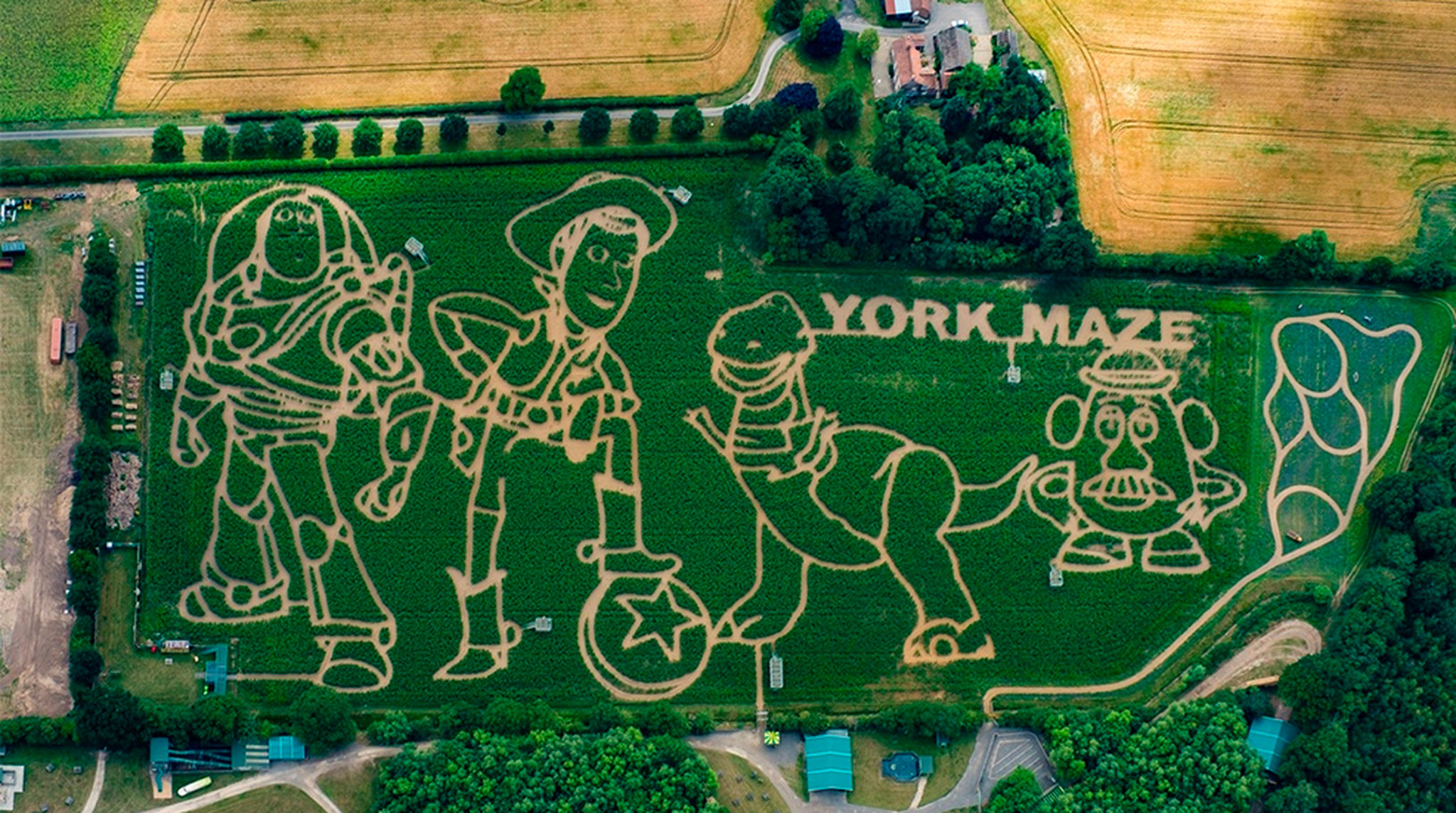 Birds eye view of York Maze featuring Toy Story characters in the maze