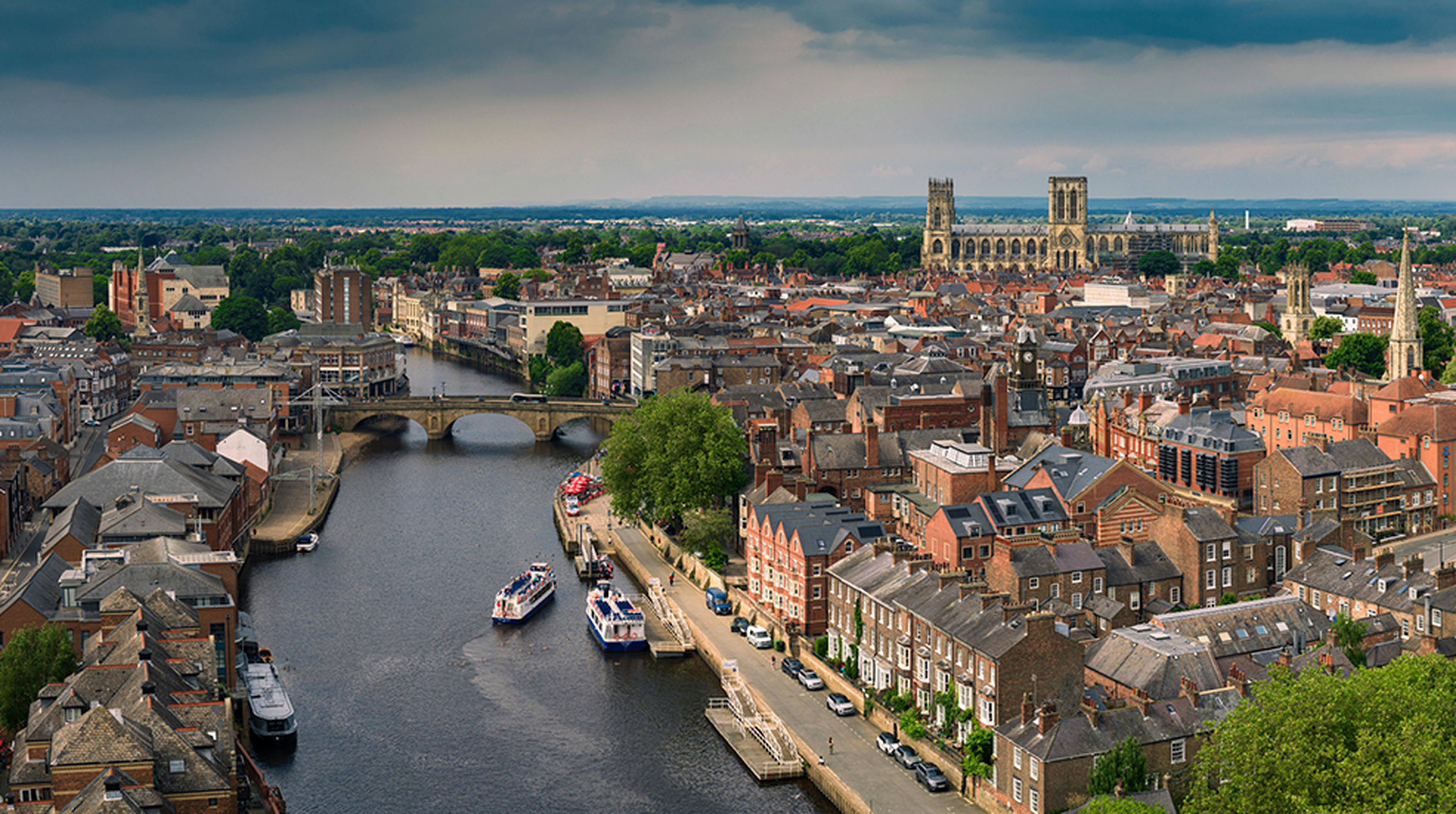 Aerial shot of York, a cathedral city in North Yorkshire, England in the Summer.