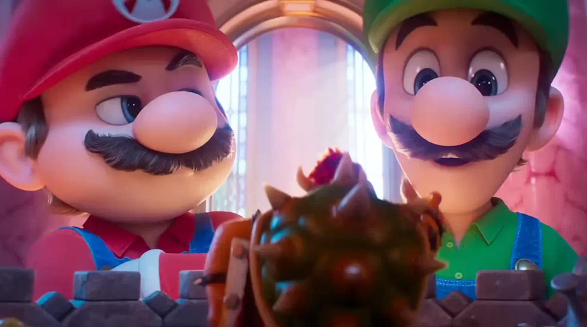 Mario and Luigi looking surprised at a small spiky creature
